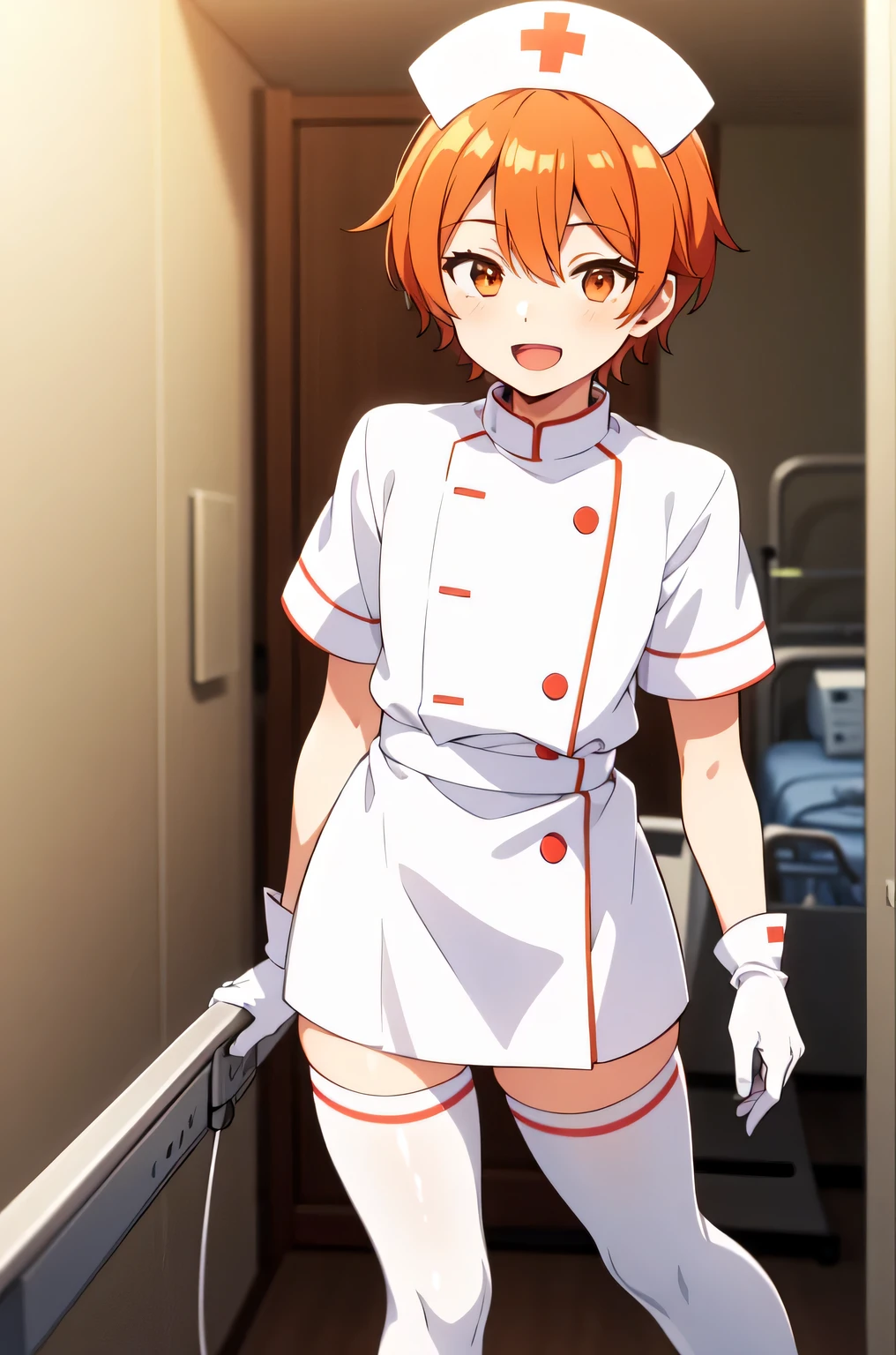 1boy, solo, male focus, nurse, white nurse cap, white nurse uniform, ((white legwear, zettai ryouiki)), white gloves, short hair, orange hair, smile, open mouth, standing, ((hospital room)), sharp outline, short sleeves, shota, 12 years old, best quality, masterpiece