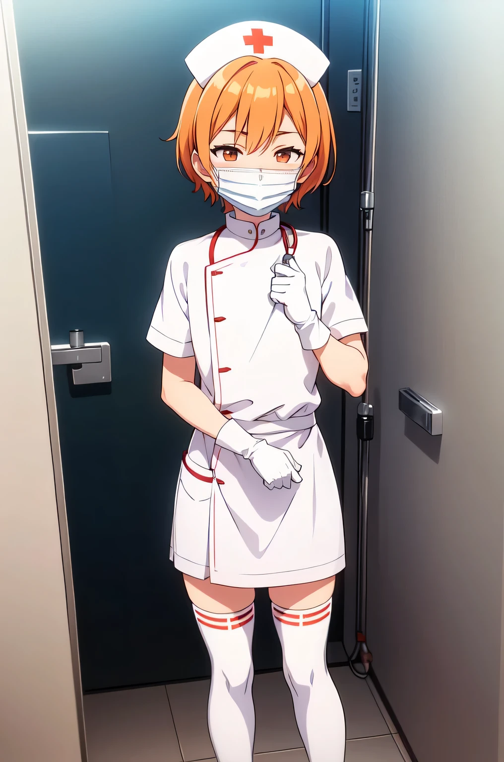 1boy, solo, male focus, nurse, white nurse cap, white nurse uniform, ((white legwear, zettai ryouiki)), white gloves, short hair, orange hair, ((white surgical mask, covered nose)), standing, ((hospital room)), sharp outline, short sleeves, shota, 12 years old, best quality, masterpiece