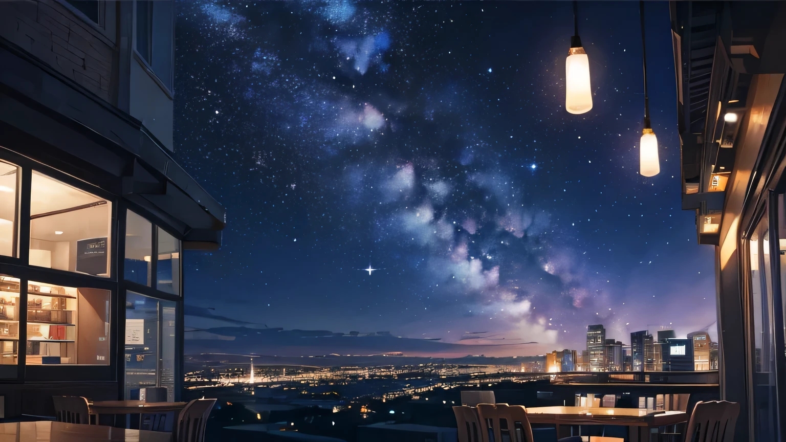 night sky, Milky Way, In the dark of night, city lights,cafe