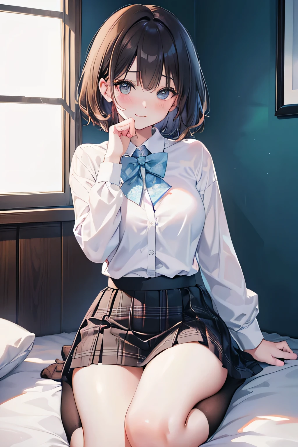 ((table top, highest quality, High resolution, nffsw, perfect pixel, 4k, nffsw, nffsw))), 1 girl, single, alone, Beautiful woman、I could see the whole body、 ((wavy short hair, bangs, brown hair)), ((brown eyes, beautiful eyelashes, realistic eyes)), ((detailed face, blush:1.2)), ((smooth texture:0.75, realistic texture:0.65, realistic:1.1, Anime CG style)), medium breasts, dynamic angle, perfect body, ((school uniform, white shirt, black skirt, unbuttoned shirt、plaid skirt、not wearing shoes、white socks)), Suite Room、Window frame、coffee、evening、、、Very embarrassing panic smile、(lift the skirt with your right hand、open your legs、open your knees wide、light blue floral lace panties)、、(cute floral bra)、angle from below