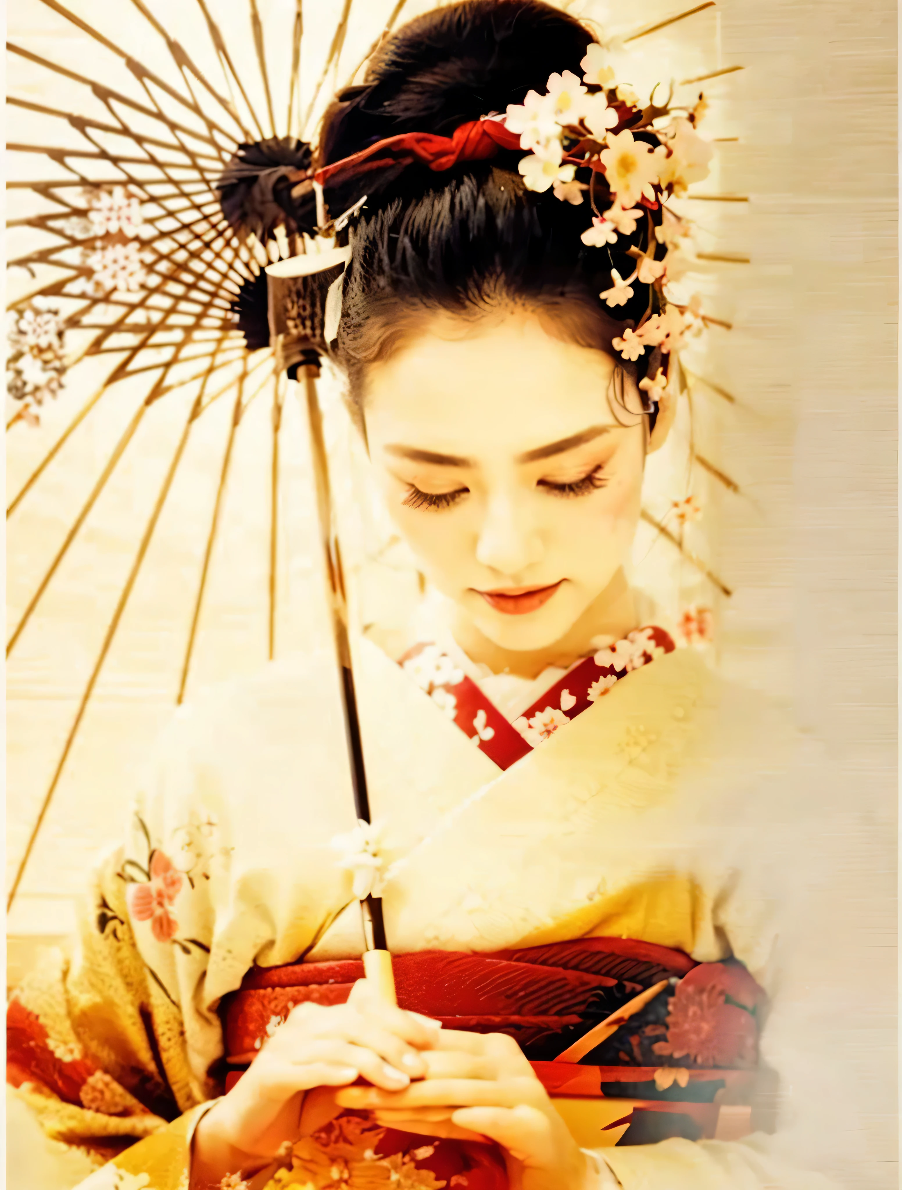 (best quality, highres:1.2), ultra-detailed, realistic:1.37, Geisha, kimono, beautiful detailed eyes, beautiful detailed lips, long eyelashes, white skin, traditional Japanese hairstyle, elegant hand fan, delicate hair lace, vibrant colors, delicate embroidery, intricate patterns, serene expression, traditional wooden sandals, graceful movement, gentle smile, soft lighting, cherry blossom background, soft and flowing fabrics, geisha makeup, traditional Japanese umbrella