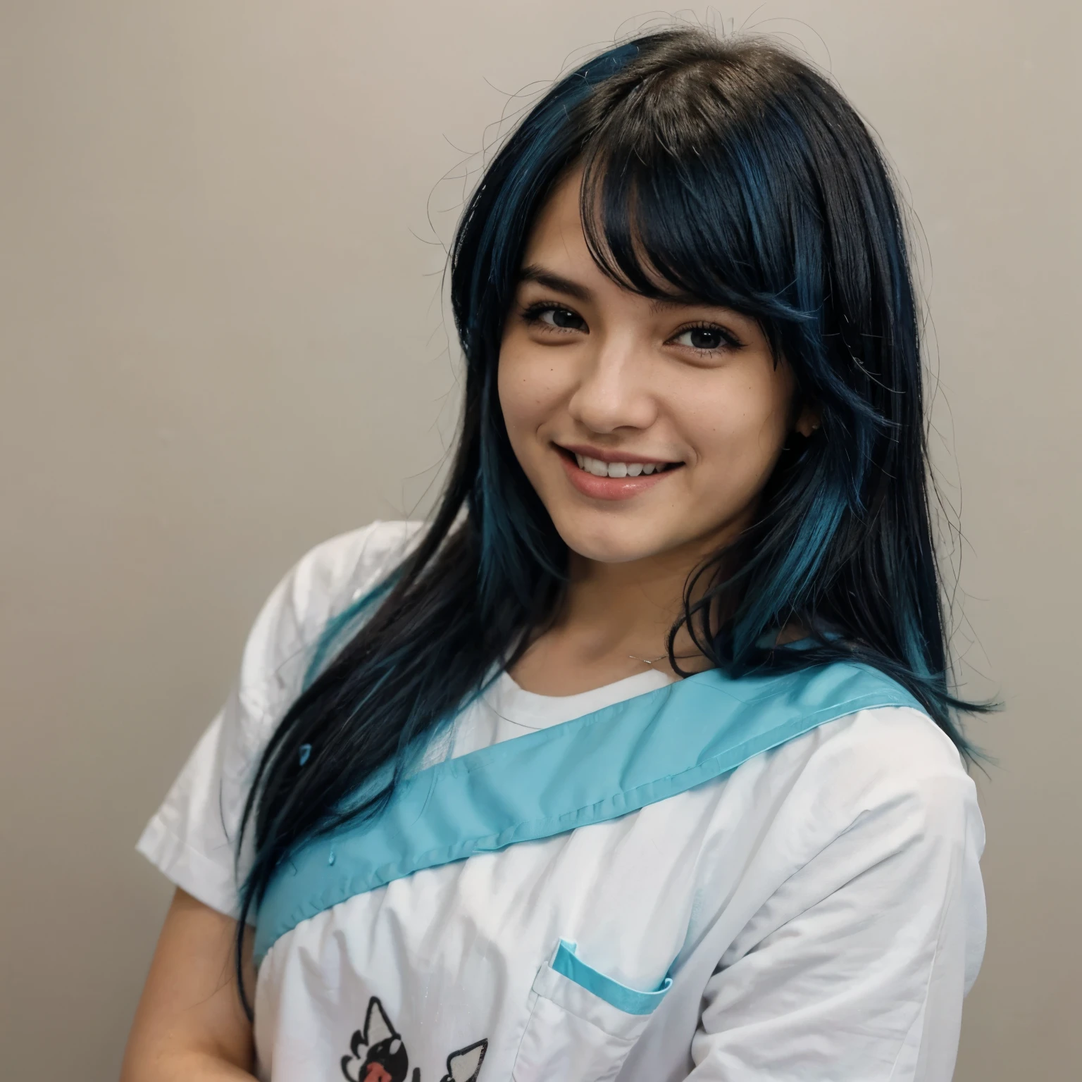 Chico Anime. Joven adulto. Cabello azul. Desnuedo. Sonriente