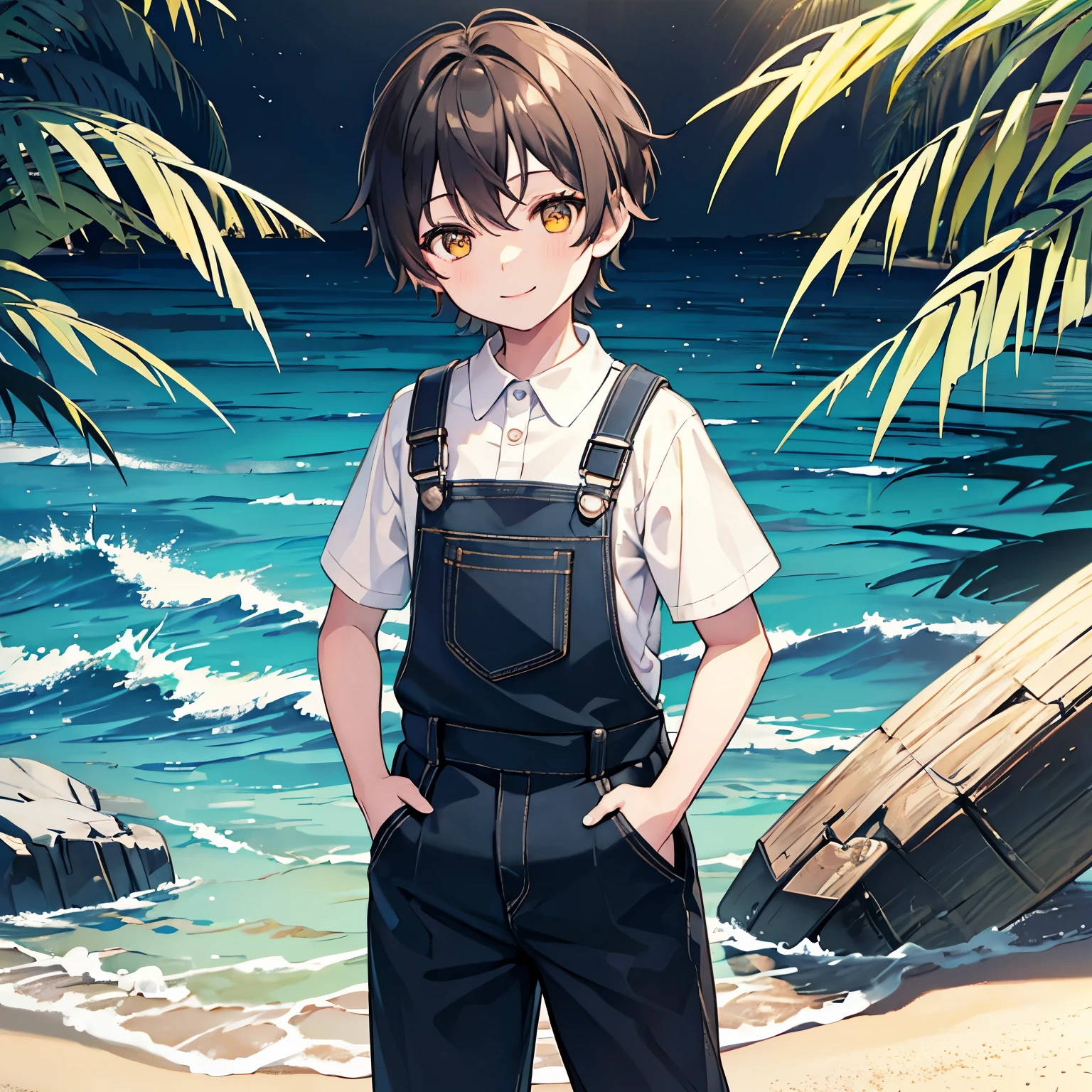 (masterpiece、4K、detailed)cute six year old boy、Black and blue overalls(Dark brown short hair、Alone、looking at the camera、drooping eyes、yellow eyes、smile、hands are in pockets)The background is the sea、sandy beach