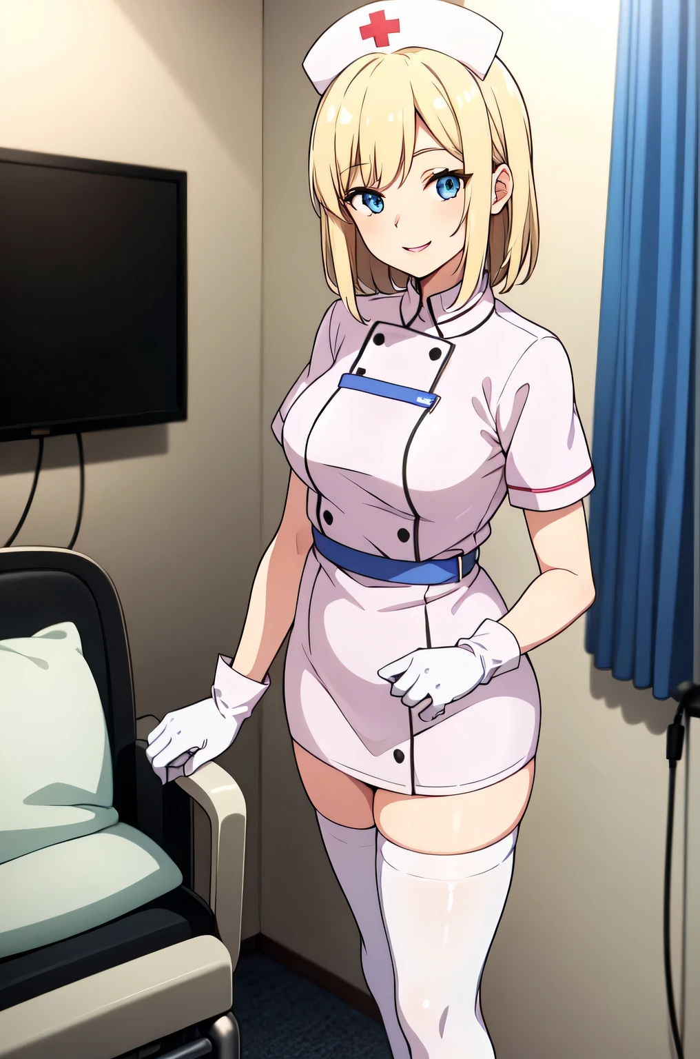 1woman, solo, nurse, white nurse cap, white nurse uniform, ((white legwear, zettai ryouiki)), white gloves, blonde hair, blue eyes, pink lips, smile, standing, ((hospital room)), sharp outline, short sleeves, mature female, 35 years old, best quality, masterpiece