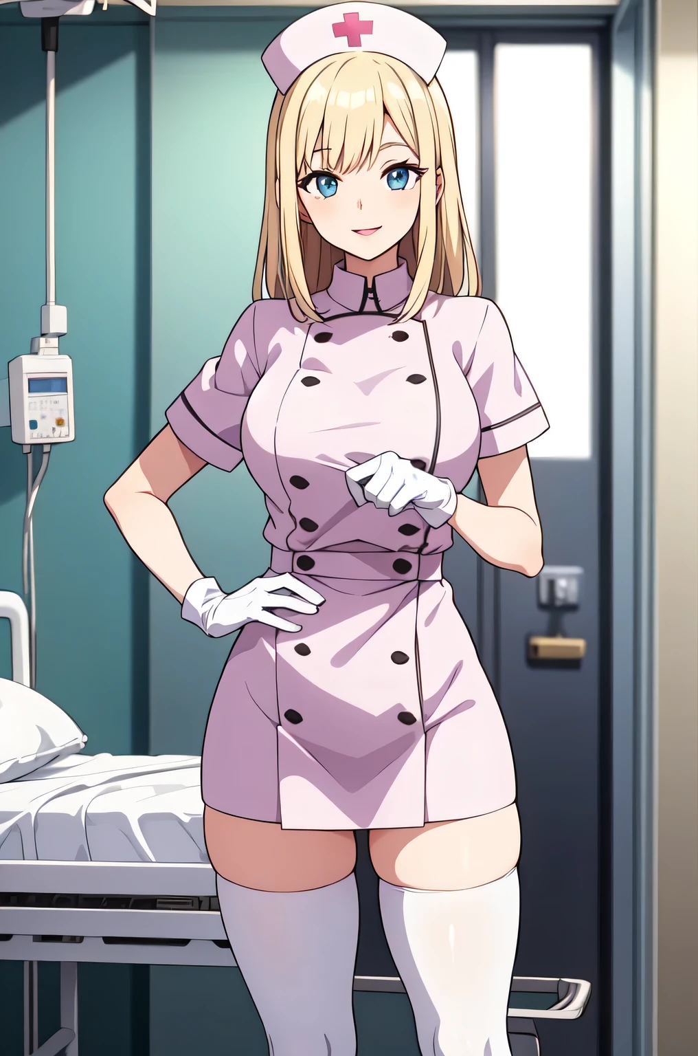1woman, solo, nurse, white nurse cap, white nurse uniform, ((white legwear, zettai ryouiki)), white gloves, blonde hair, blue eyes, pink lips, smile, standing, ((hospital room)), sharp outline, short sleeves, mature female, 35 years old, best quality, masterpiece