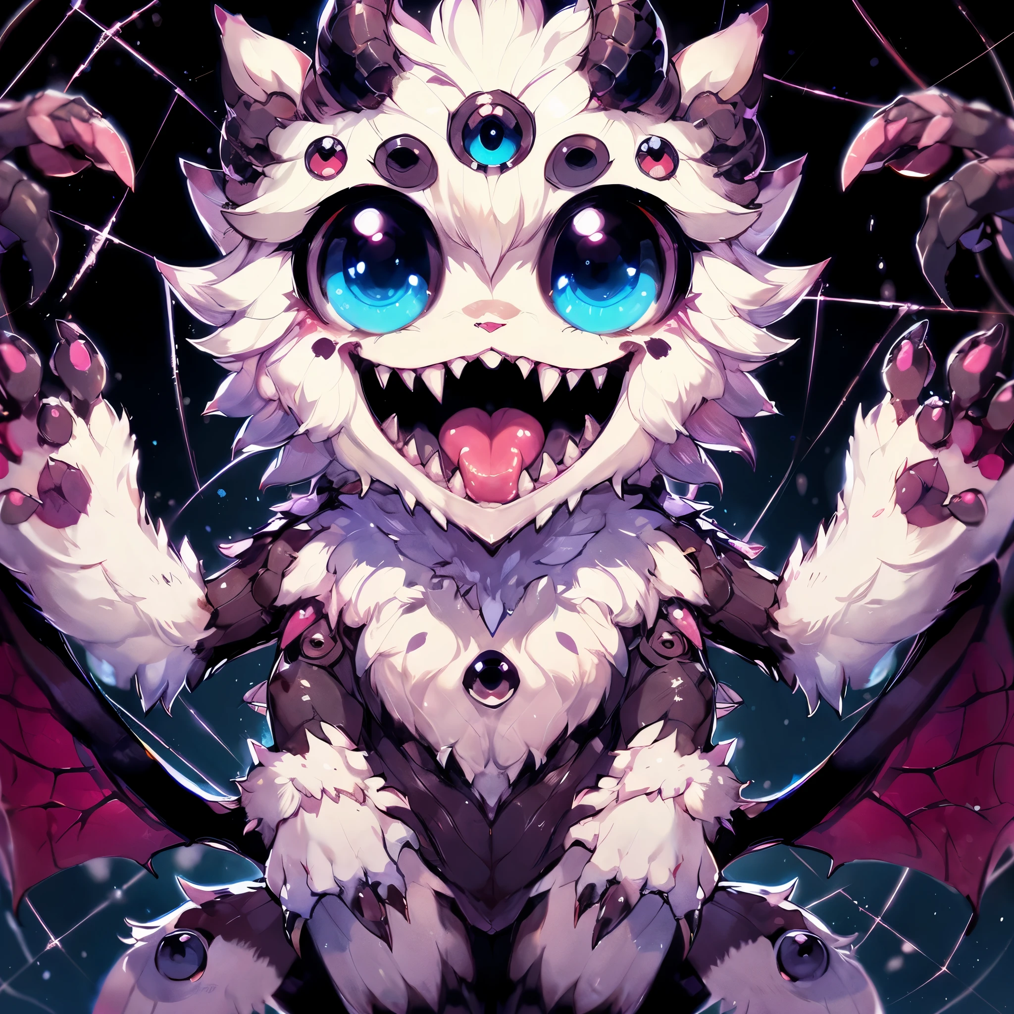 Female Dragon.spider element. Furry. Compound eye. sanpaku. double teeth. Candy color. insect fung. spider web. Anime style.