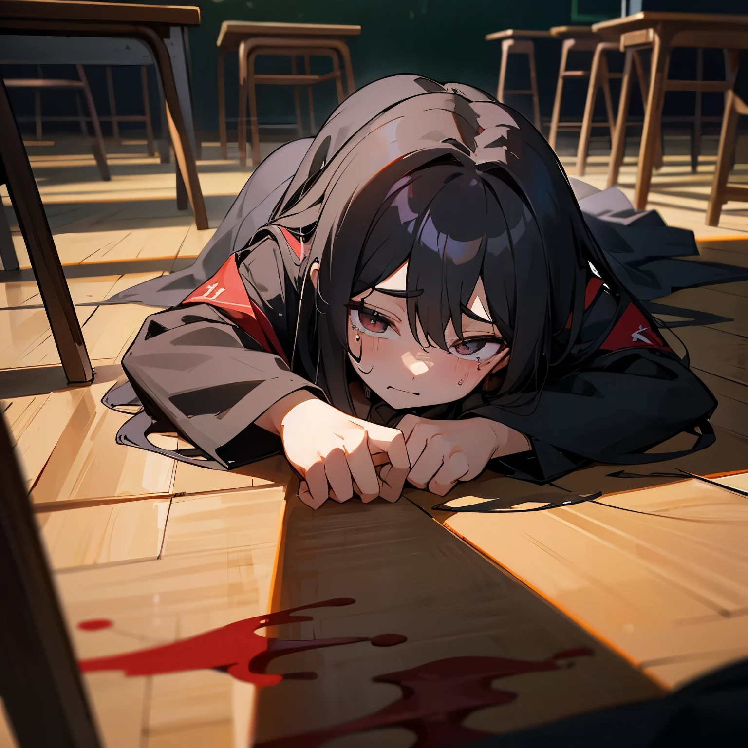 masterpiece。highest quality。Tall 。black long hair。The background is a school classroom。Oppressed。crawl on all fours。I'm crying because it hurts。Blood is coming out of the face。