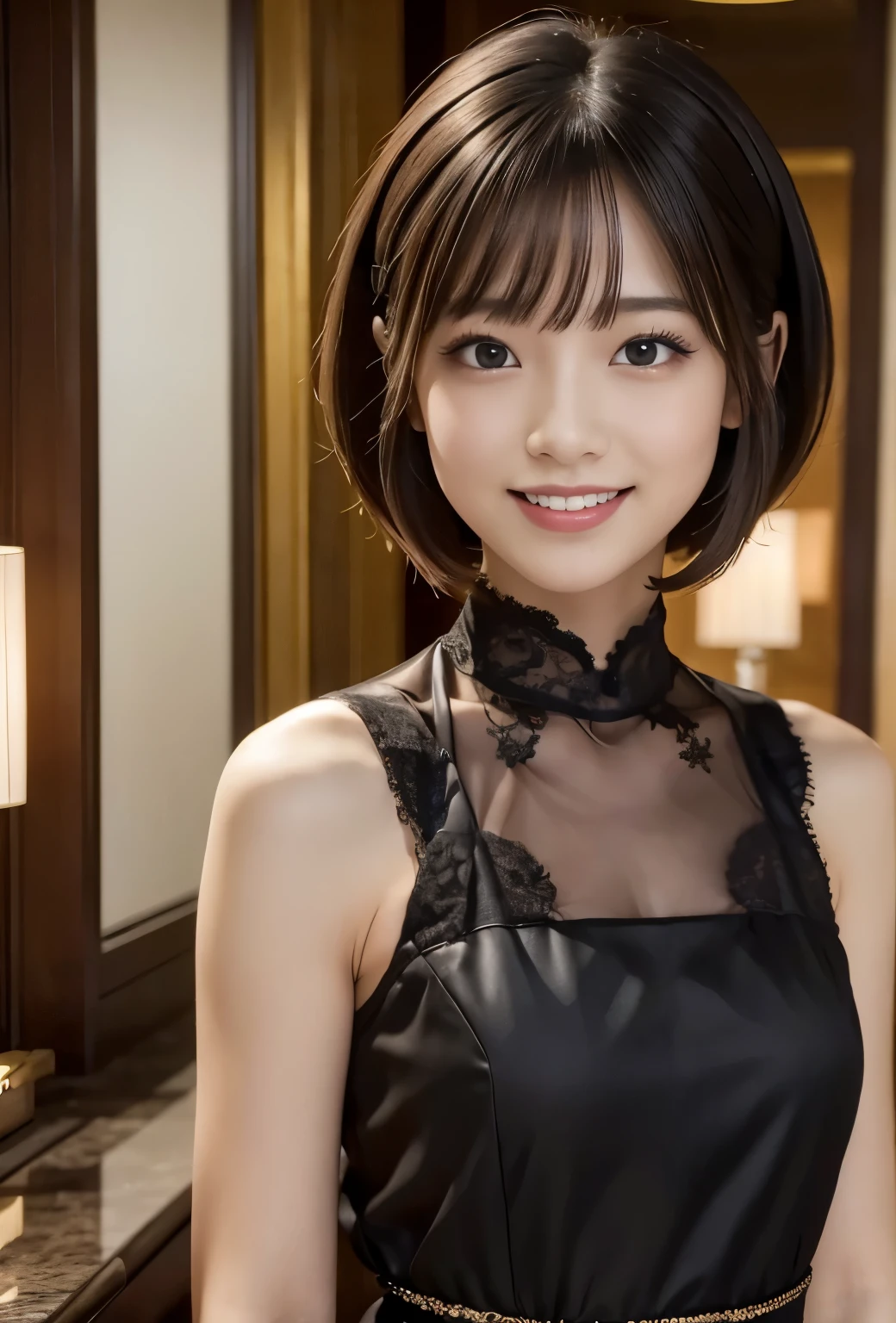 (((Hotel:1.3, indoor, Photographed from the front))), ((medium bob:1.3, Gothic Lolita,japanese woman,smile, cute)), (clean, natural makeup), (highest quality, masterpiece:1.3, 超High resolution), (Super detailed, caustics), (realistic:1.4, RAW shooting), very detailed, High resolution, 16K resolution