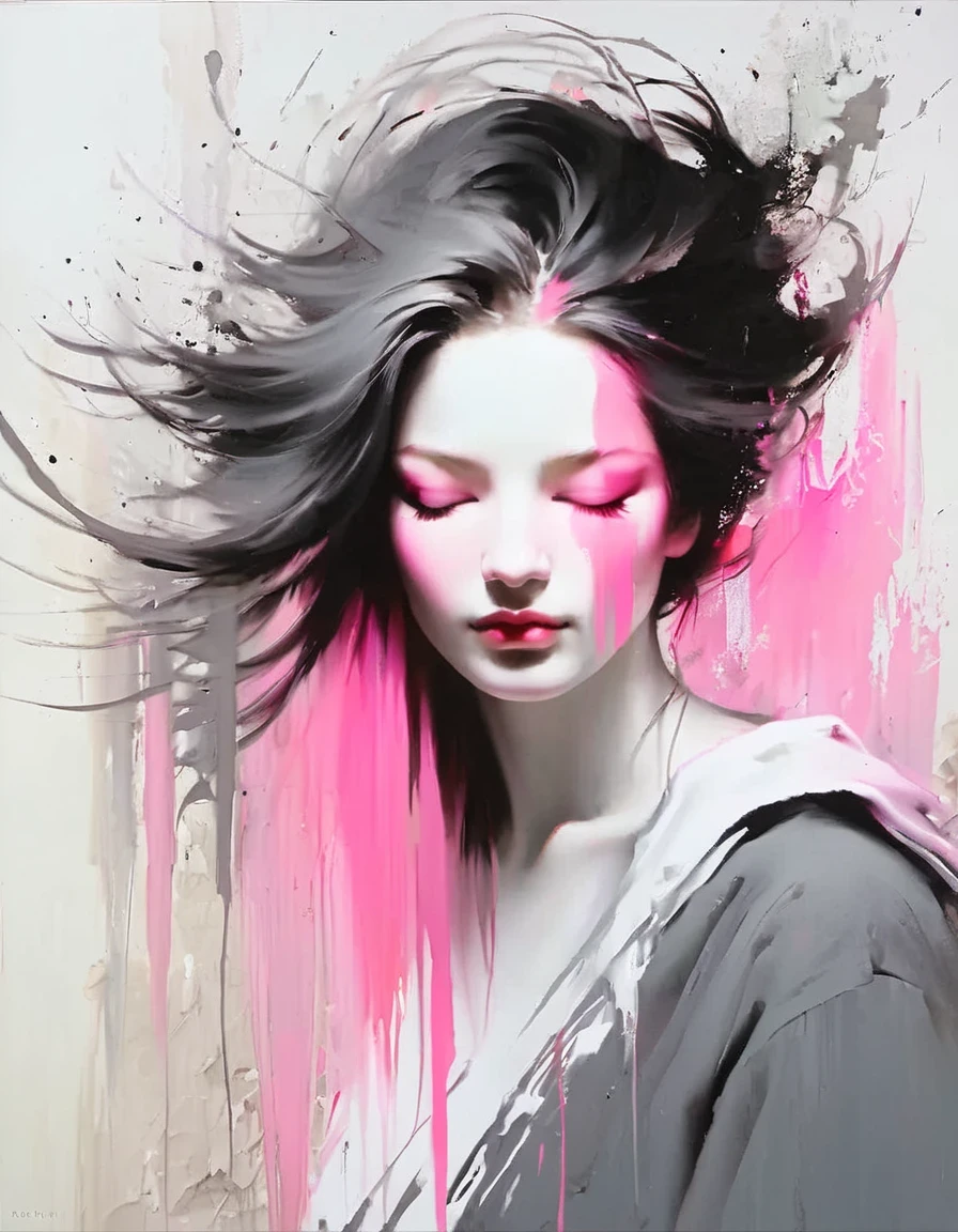 glitch style,white on white painting of a faceless woman with no eyes, nose or mouth, her face is gone, just a smear, her hair is wild and fades into the canvas, hard thick brush strokes, rusty debris, dark gray and pink, candid portraits, layered translucency, hard edge painter, multi-layered figures, photo-realistic techniques, Coby Whitmore, Daniela Uhlig, Phil Noto
