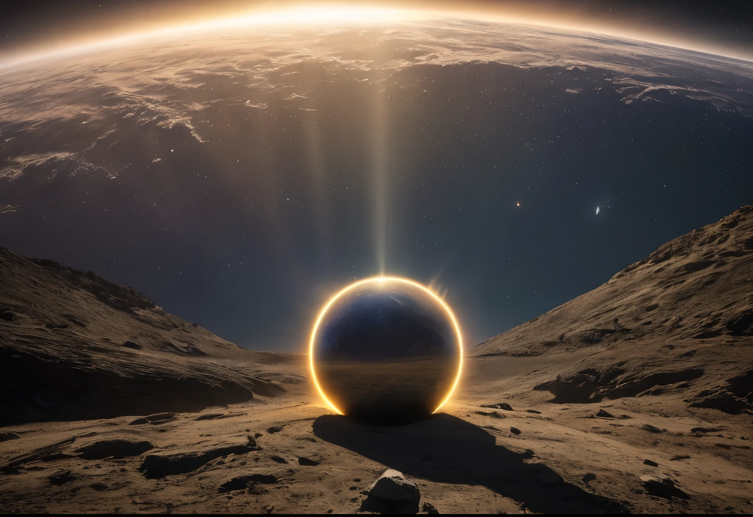 space, dreamlike, symbolism, surrealism, symbol, surreal, abstract, concept art, 8k, shadowed, atmospheric, stars --uplight, sundog, perfect sun halo, circle, star, bright yellow light, earth surface, meteor crashing