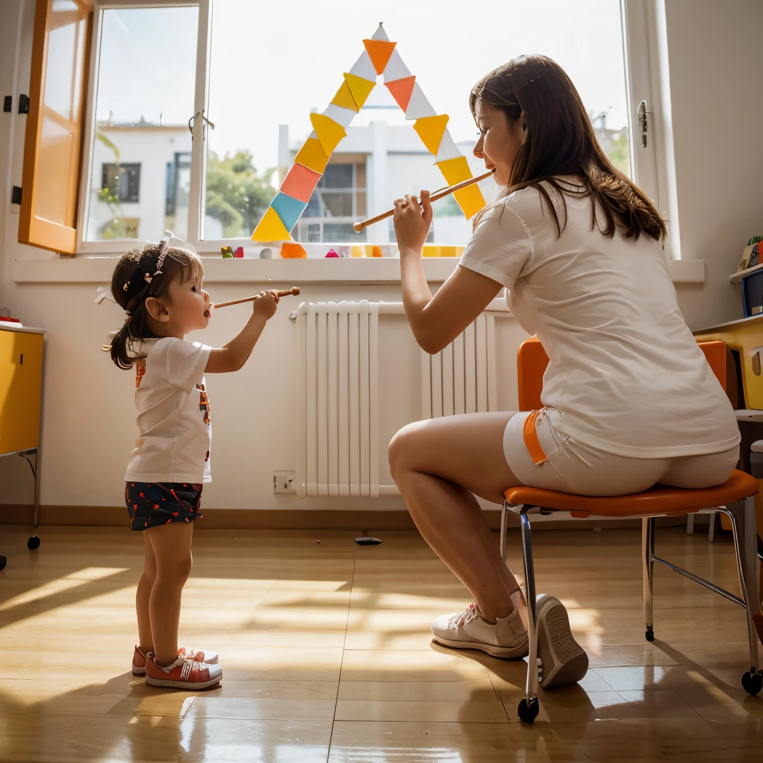 A music class for 1 and 2 year old children who go with their moms and dads and sing songs with small percussion instruments and xylophones. The class is white and has a vinyl in the window of orange triangles, amarillo, rojo, verde y morado. The children are European. La escuela es acogedora, clarita