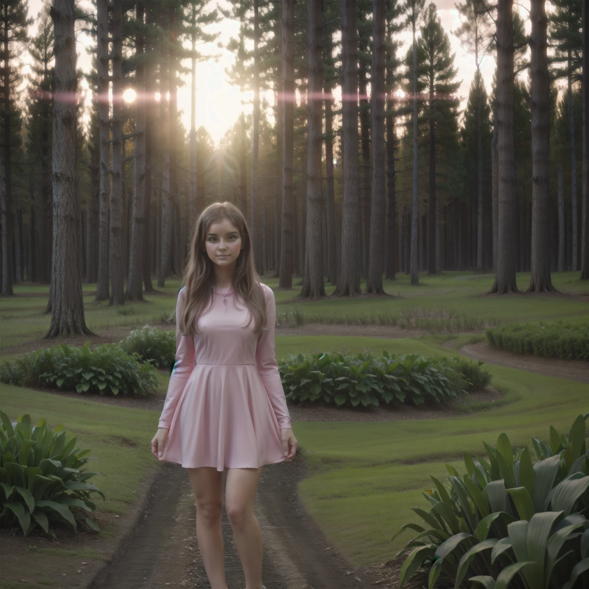 young woman looking at the camera, pink dress, spring forest with mystical atmosphere, bright sunset