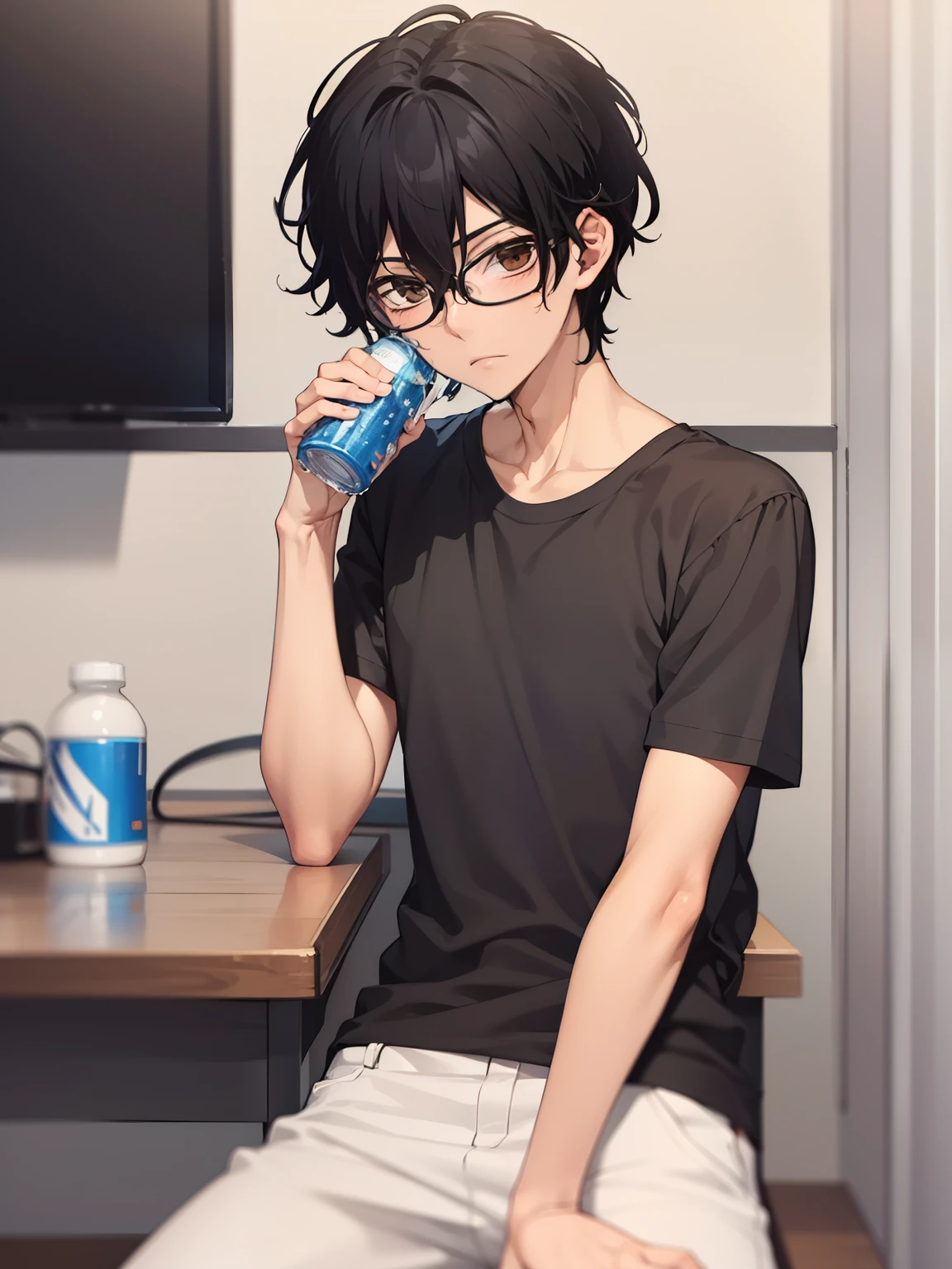 masterpiece, best quality, wallpaper, 1boy, solo, male focus, looking at viewer,Sit down, drink bottled water,depth of field, momo_sakaki, black hair, brown eyes, hair between eyes, black shirt, Short sleeves shirt,white trousers,glasses, 16k resolution