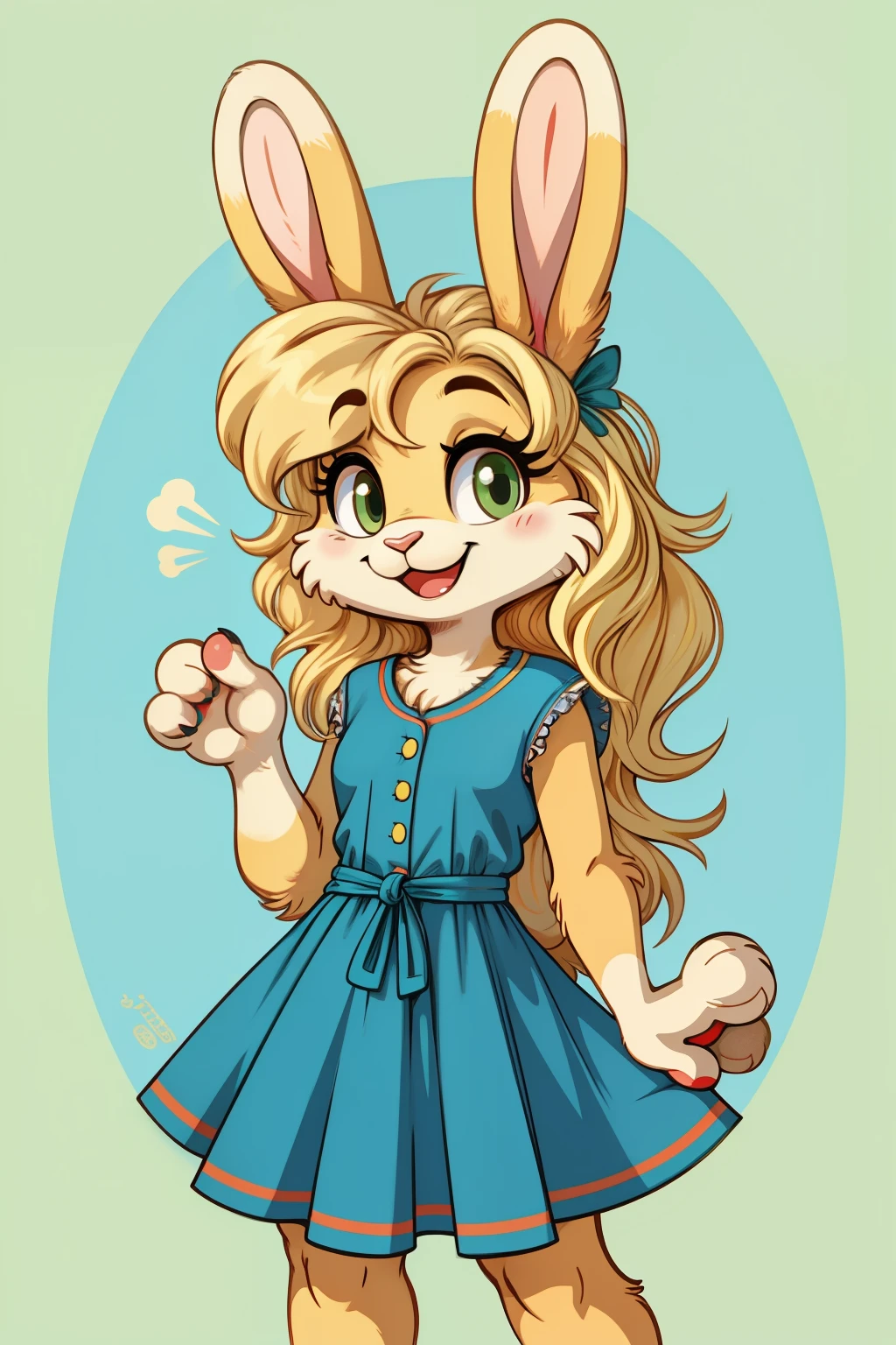 Minimalist art style, Vintage loony tunes style, Female rabbit smiling brightly, green summer dress, blonde fur, long hair style,