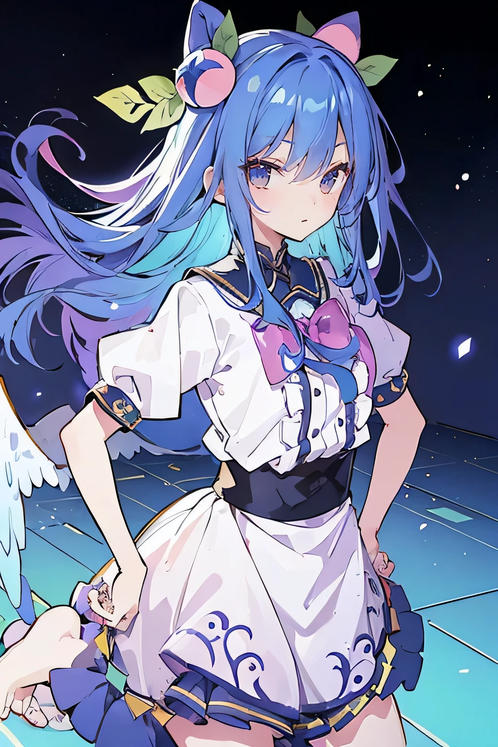 (masterpiece),best quality, expressive eyes, perfect face, 1girl,
Put your hands on your waist,fair, Gorgeous,Japanese cartoons,girl,lola,Hina Angel, blue hair, blue haired, floating clothes,Grab your waist, Grab your waist, hands on hips , hands on hips,flat chest,sit on the floor,starry sky,