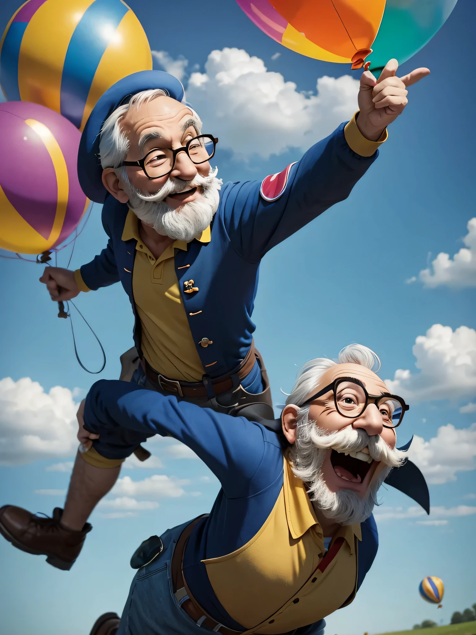 Close-up. Cartoon style tale Disney Pixar. A playful and whimsical illustration showing a mischievous grandfather with a large gray beard and flying glasses, all disheveled, galloping across a field, his laughter rippling through the air as he releases a bunch of colorful balloons into the sky. A jester's hat flies off his head. Waving his hand in greeting. Blurred background. A light haze.