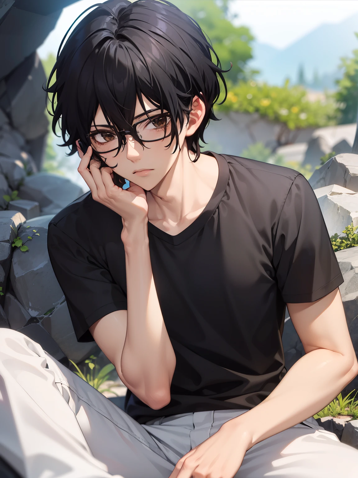 masterpiece, best quality, wallpaper, 1boy, solo, male focus, looking at viewer,Sit down, drink bottled water,cave background,depth of field, momo_sakaki, black hair, brown eyes, hair between eyes, black shirt, Short sleeves shirt,white trousers,glasses, 16k resolution