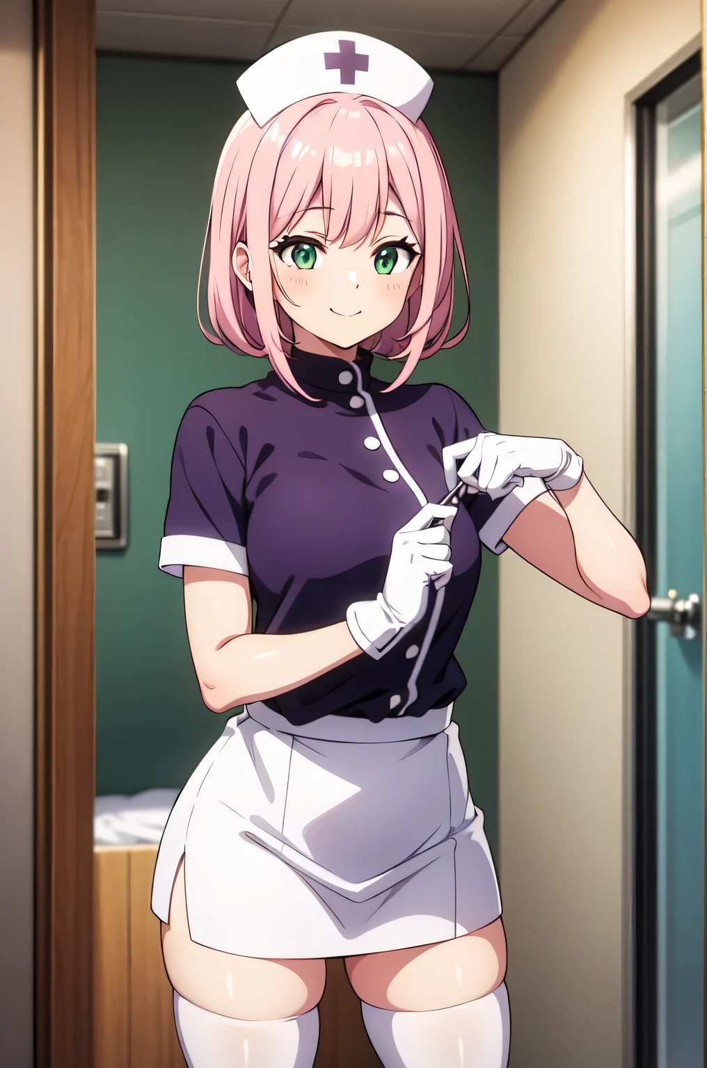 1girl, solo, nurse, white nurse cap, white nurse uniform, ((white legwear, zettai ryouiki)), white gloves, pink hair, green eyes, drooping eyes, smile, standing, ((hospital room)), sharp outline, short sleeves, best quality, masterpiece