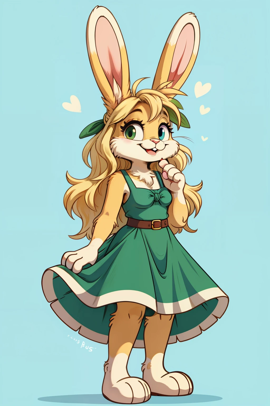 Minimalist art style, Vintage loony tunes style, Female rabbit smiling brightly, green summer dress, blonde fur, long hair style,