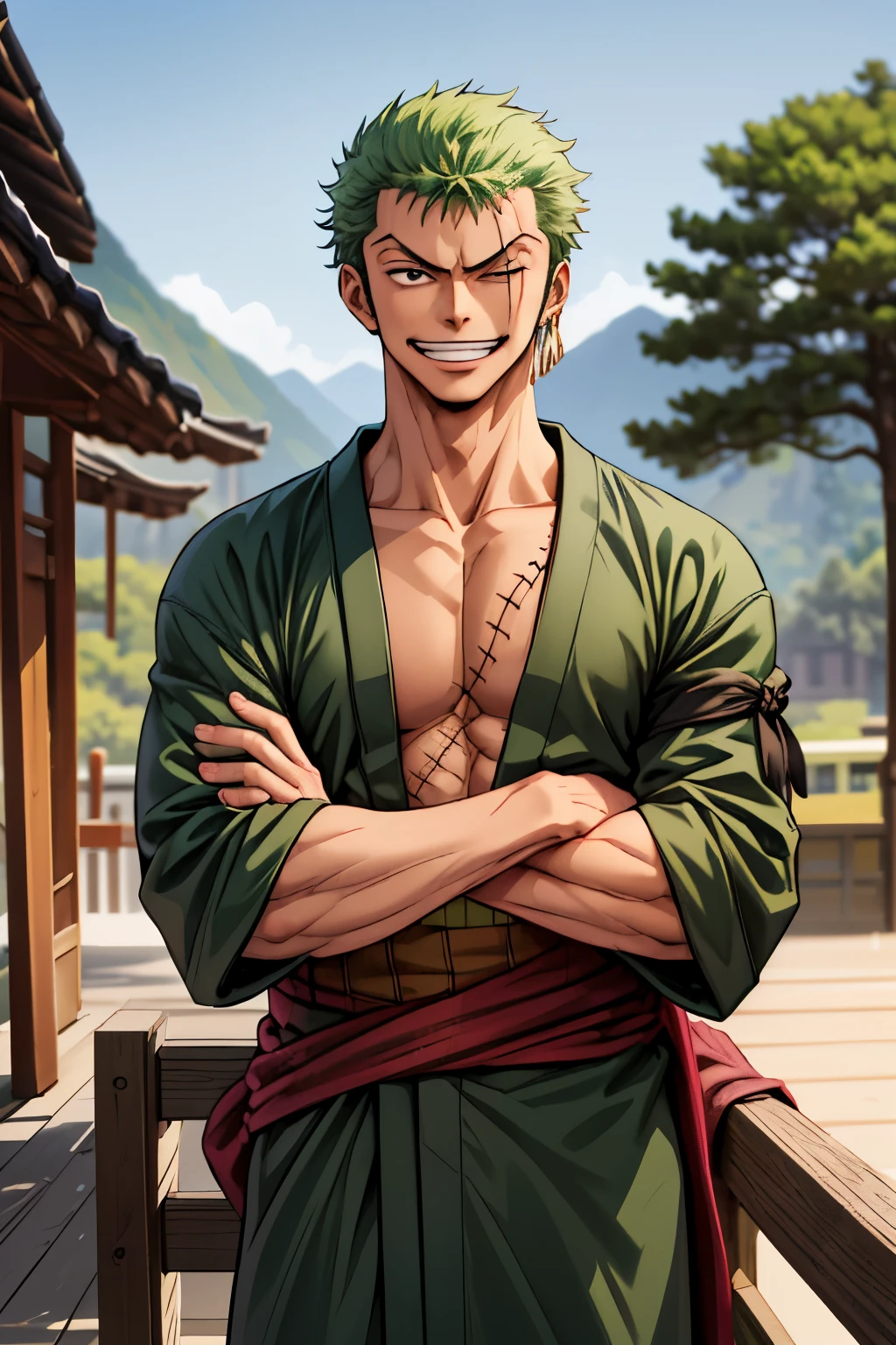 (masterpiece, best quality:1.2), cowboy shot, solo, male focus, 1boy, roronoa zoro, scar, muscular male, grin, looking at viewer, )crossed arms, japanese clothes, green kimono,make the hands fit prefect,focus more on the eyes,make the clothing more perfect