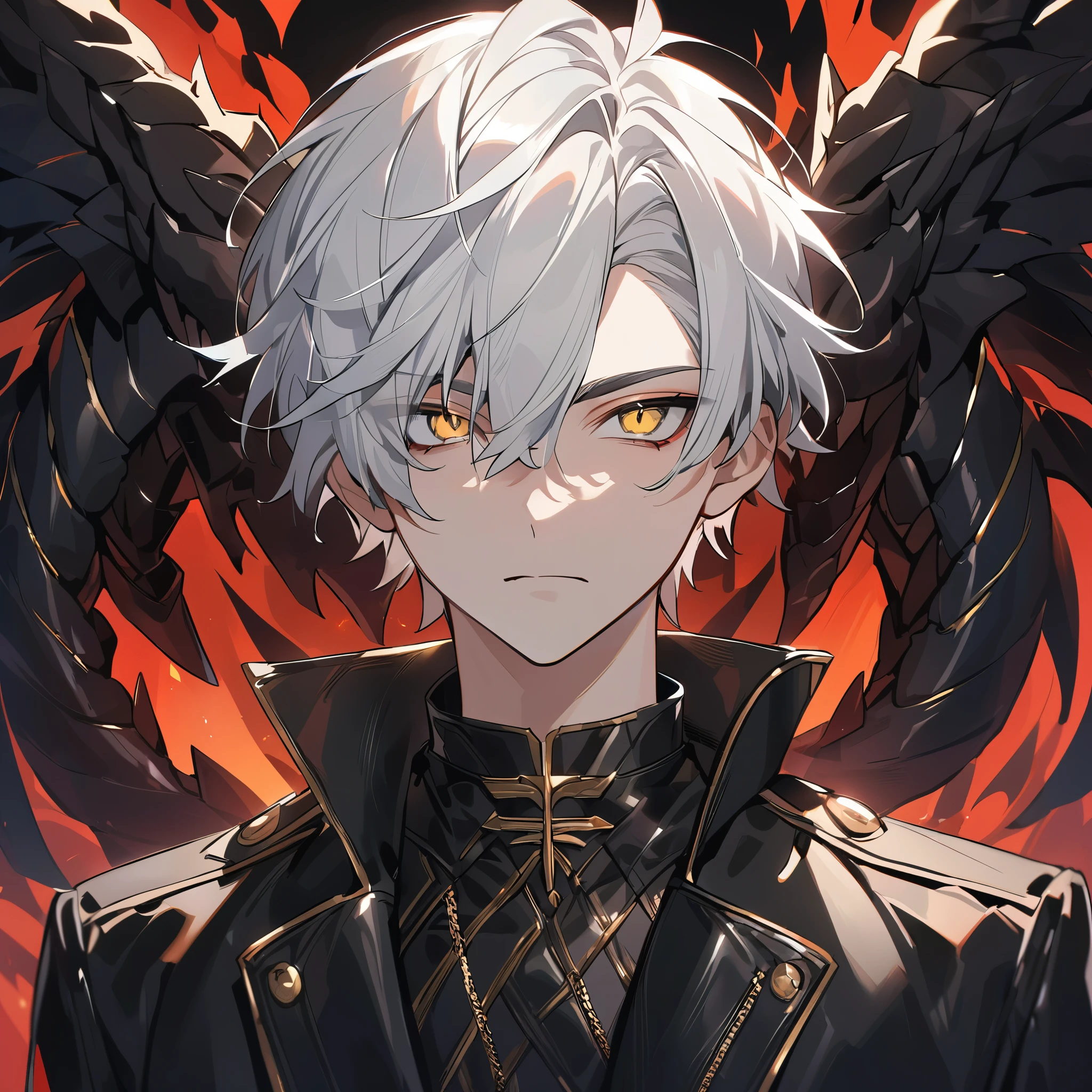 High quality, handsome male, 1male, 17 years old, teenager, golden lining, short white hair, flat cut hair, sharp eyes, gold eyes, devil may cry, close up, calm expression, stoic, black leather clothes, black jacket, upper body, looking at viewer, cowboy shot, black dragon background