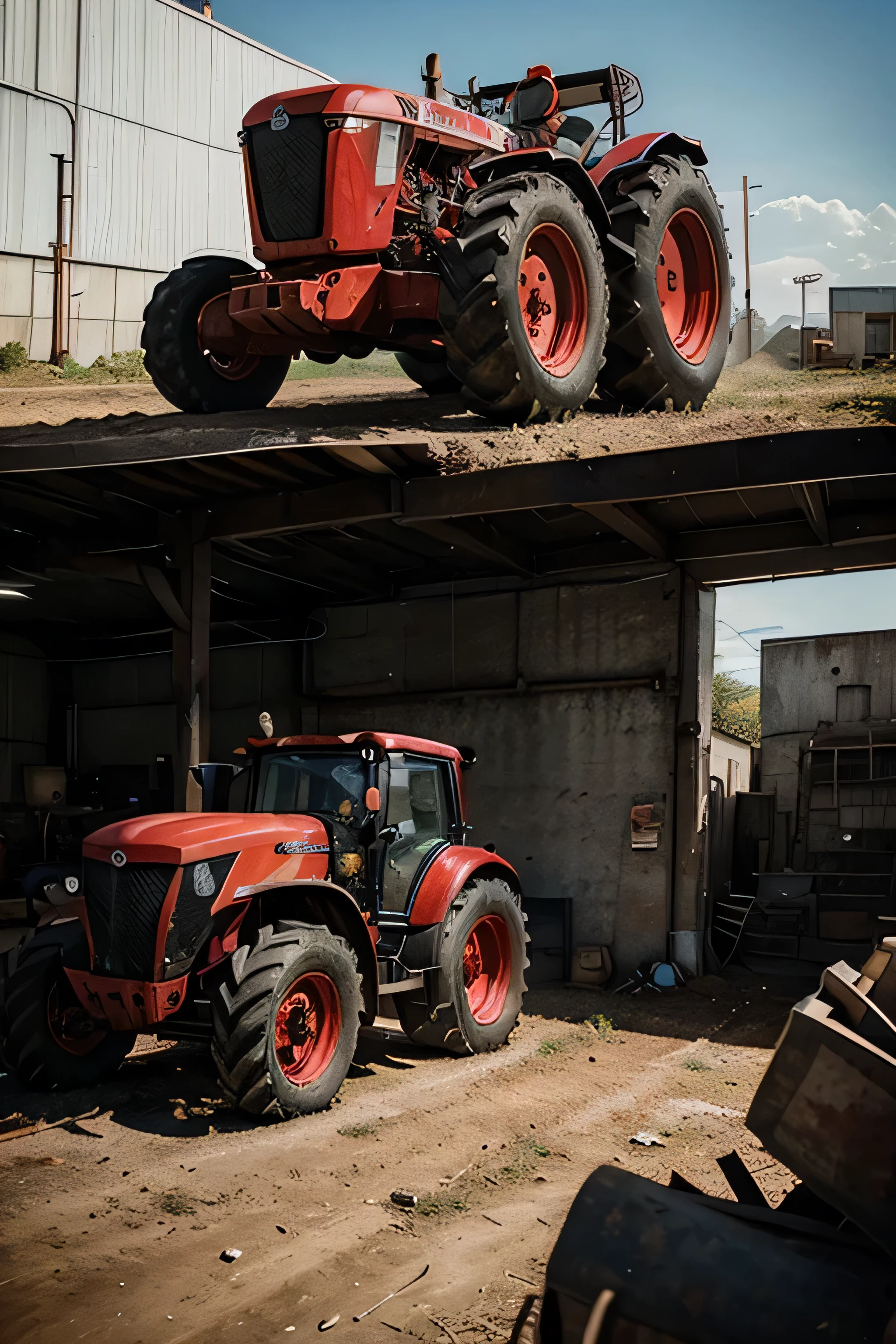 Generate a captivating commercial scene featuring a bold red and black tractor, a skilled mechanic, and an array of tools set against a vibrant backdrop. Let your creativity flow and watch as the generator crafts a stunning visual masterpiece