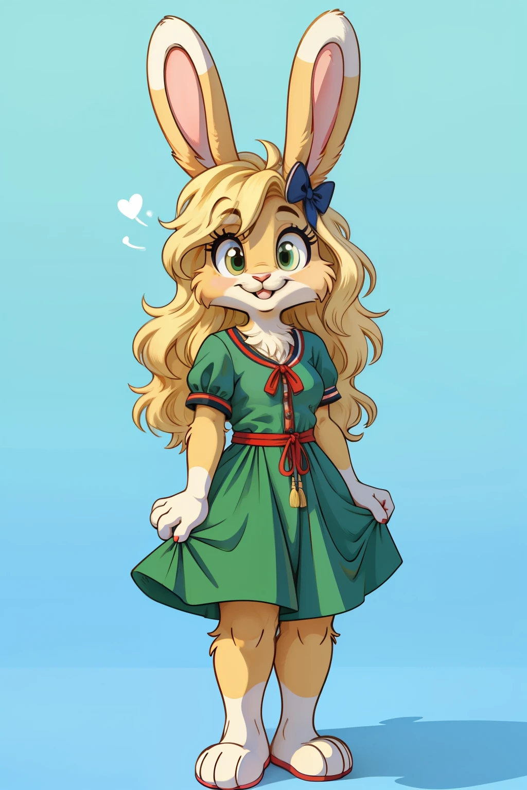 Minimalist art style, Vintage loony tunes style, Female rabbit smiling brightly, green summer dress, blonde fur, long hair style,