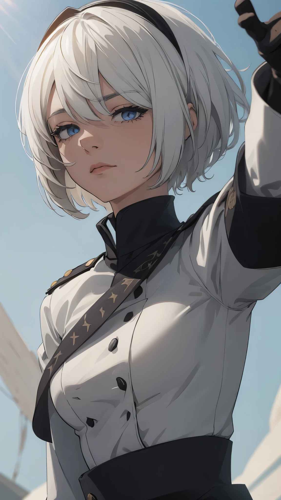 (extremely detailed CG unity 8k wallpaper), (masterpiece), (best quality), (ultra-detailed), (best illustration), (best shadow), (absurdres) ,(detailed eyes), 2b, 1girl, short hair, white hair, solo, Intimidating women, admiral uniform, night, hero pose, white clothes, General Uniform, Military Uniform, Sunlight, exposed to sunlight,commander, fighting pose, wearing cape