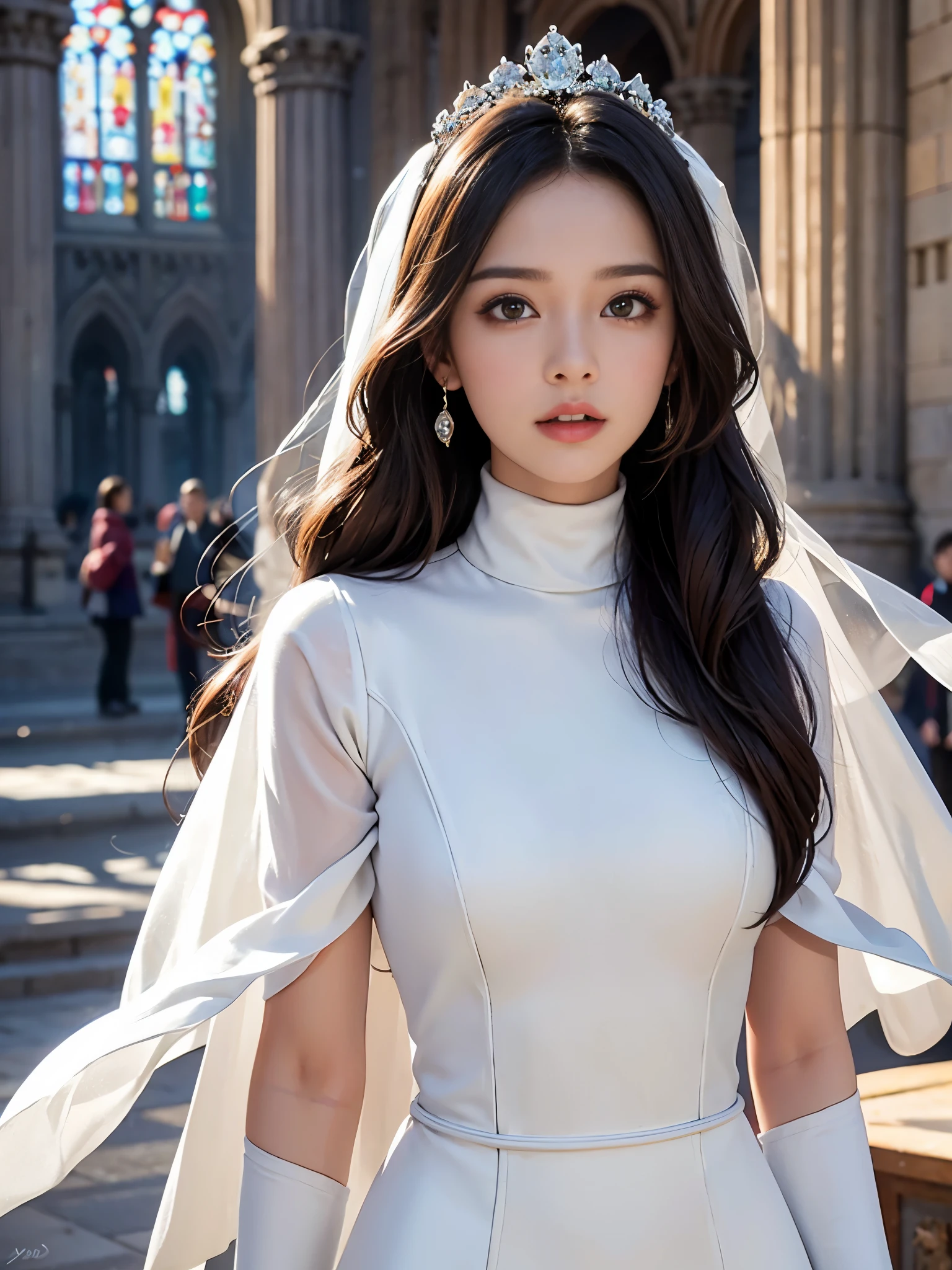 best quality, masterpiece, 1 girl, huge laugh, cute teen, shiny lips, sweet, sun glare, Conservative attire, turtleneck wedding dress, bridal tiara, depth of field, blurred background, Cathedral Background, light particles, strong wind, head tilt, long hair, 