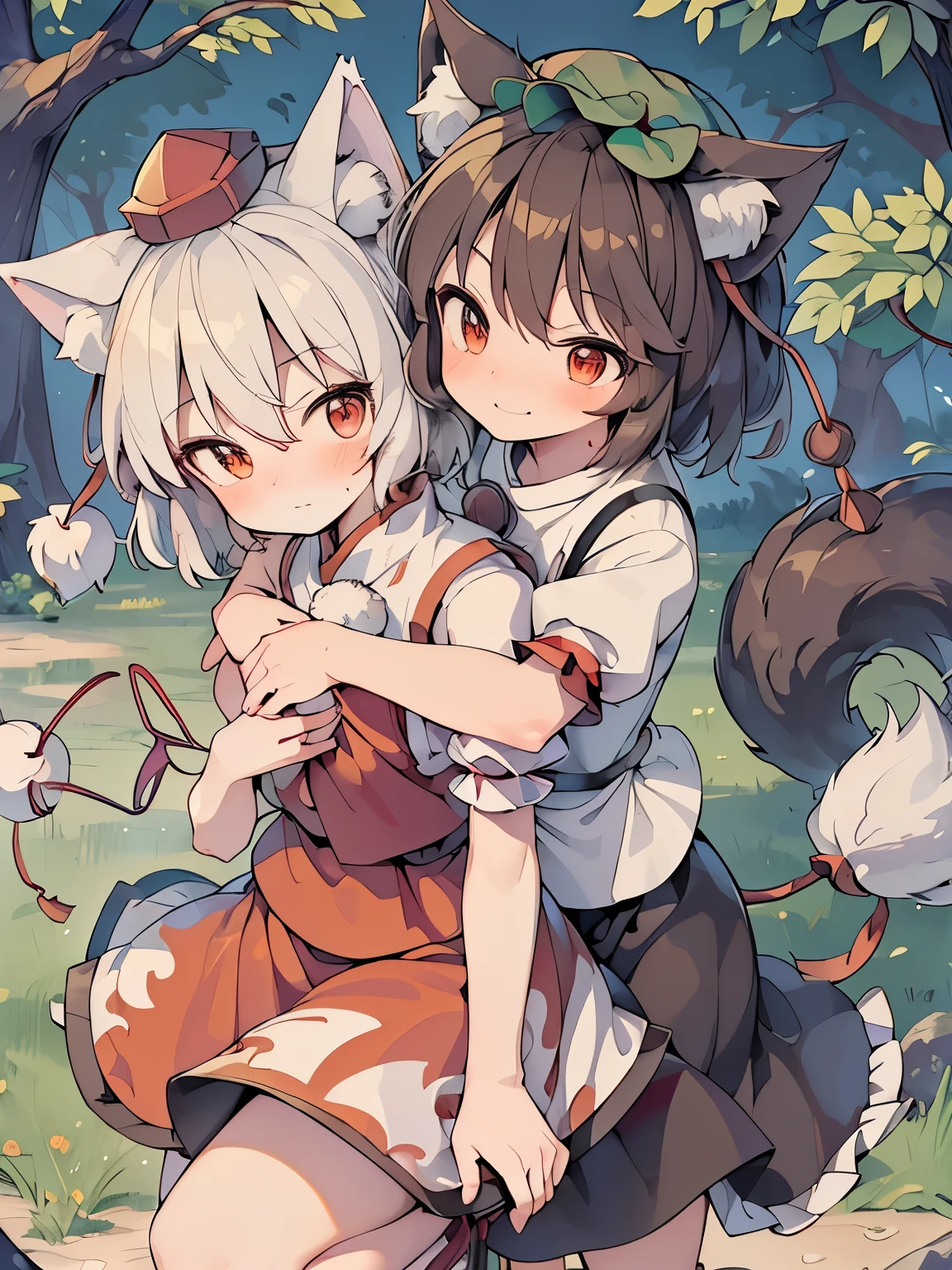 Masterpiece,Best quality, ultra detailed,anime style,(2girls),(((Momiji inubashiri))),(((Chen))),(((touhou project))),wolf girl,cat girl,Momiji is white wolf tail,Chen is black cat tail,momiji is white extra short hair,Chen is brown short hair,Momiji is white wolf ear,Chen is black cat ear, Momiji is white wear,Chen is red wear,((Hug from behind)), smile,