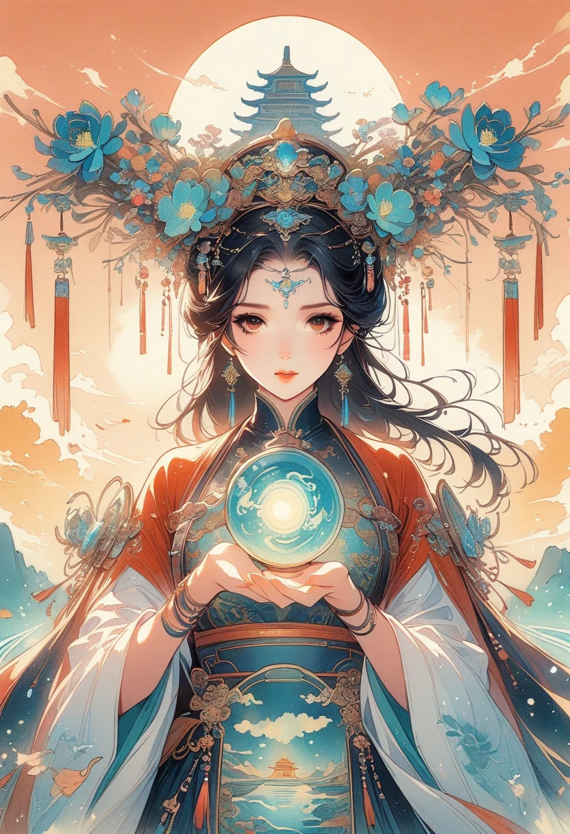 ((Best quality)) , ((Masterpiece)) , (Detailed) , (((card game illustration))),Scribbled brushstrokes of the gloomy digital age (woman:1.3) Hold a tea , She was curious, Women have geometrically shaped noses, She wears Jellaba, Jellaba is retro-futuristic, It has vintage details on it, Exercise posture, 靠近 Chibi Christ the Redeemer, At sunset, Surprising, suns rays, Macro lens, 8K resolution. This scene embodies the tranquility and beauty of classical Chinese art, with a touch of nature,Chinese illustration,flat illustration,Marker drawing,Colored ink on paper,Vector illustration,Super high saturation,Vivid colors,Bright,RGB color