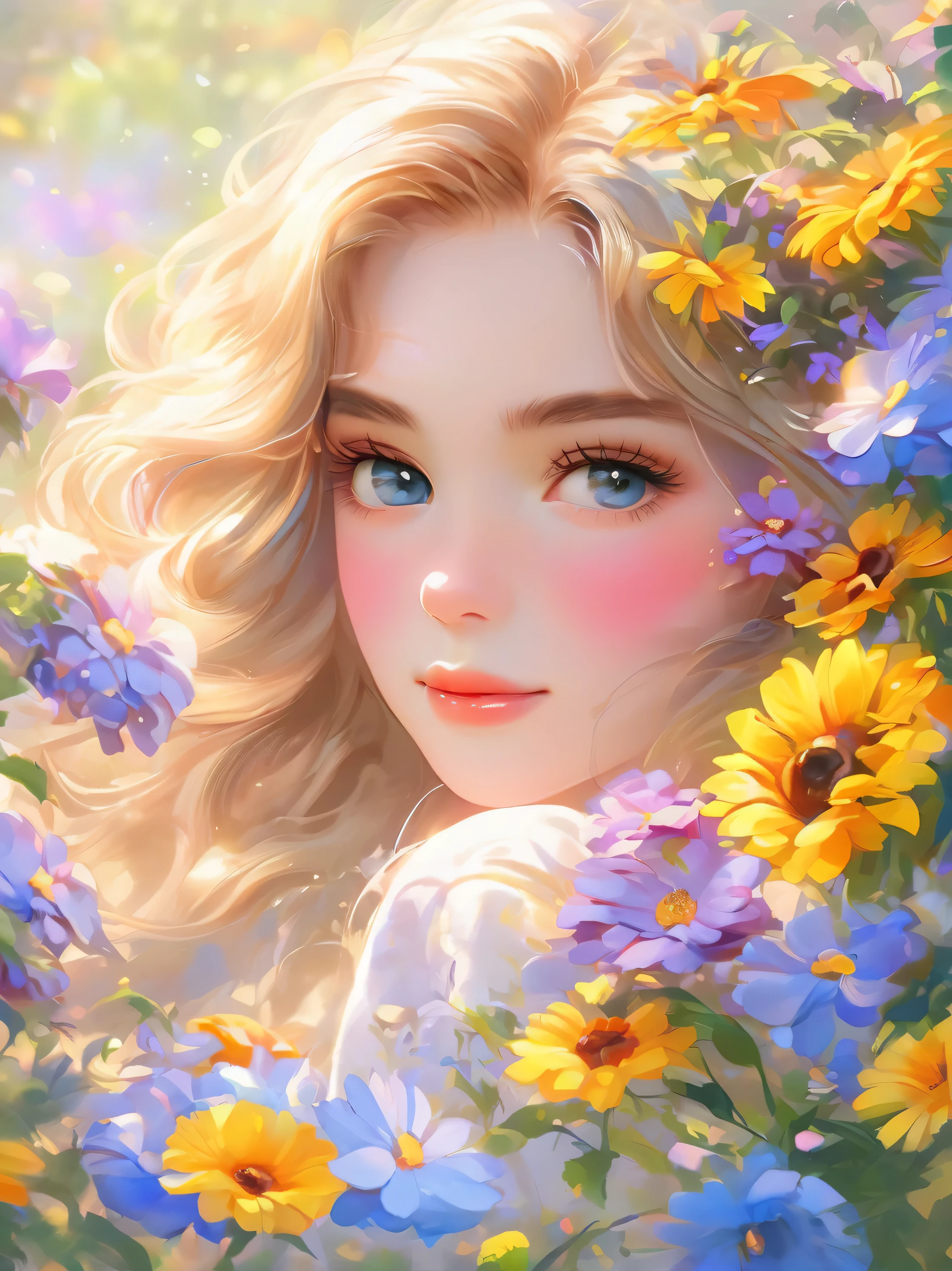 (best quality,ultra-detailed,realistic:1.37),1girl,beautiful detailed eyes,long eyelashes,beautiful detailed lips,flowing hair,natural environment,garden,colourful flowers,soft sunlight,gentle breeze,painting-like style,vibrant colors,bokeh lighting
