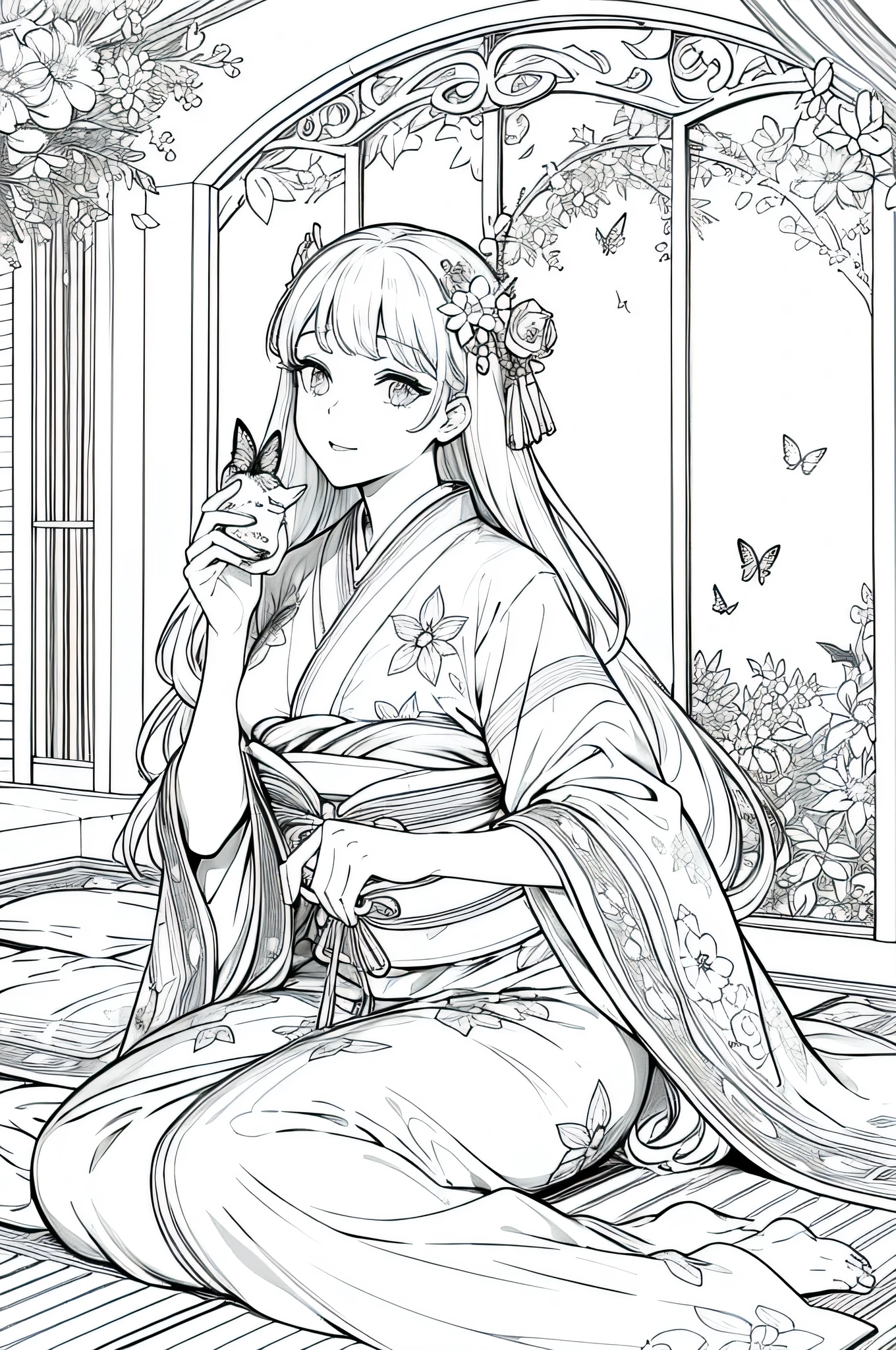 A woman dressed in a magnificent and beautiful uchikake with butterflies and flowers and holding a kiseru in her hand relaxes in the tatami room. Tiene un rostro hermoso y ojos brillantes de colores vivos.. She is dressed in a luxurious and colorful kimono.. Un jardin de flores alta calidad de imagen.((( gaisha)))