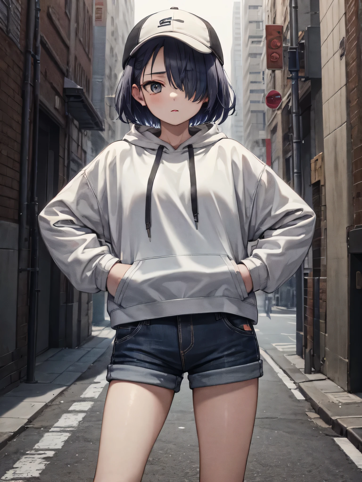 masterpiece,1girl,solo,short hair,blue、one eye is hidden by hair,hoodie, mob cap, street,hand on hip, hand in pocket,looking at the viewer　short height The photo shows everything from the head to the thighs.