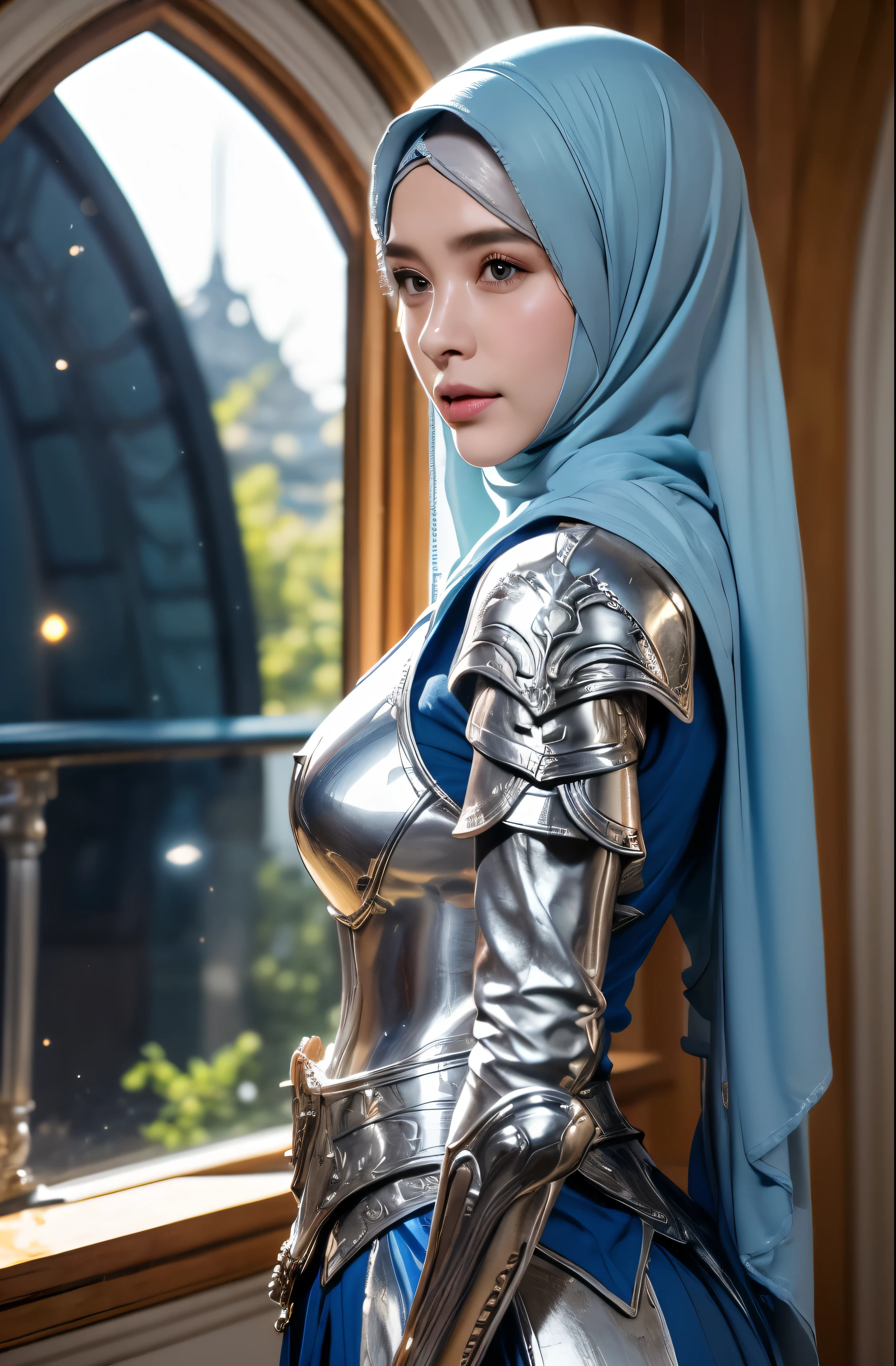 (Official art、Best Quality、Unity 8k Wallpapers、32K、masterpiece、ultra-detailliert、超A high resolution、realisitic、Photorealsitic:1.2)、(Cinematic lighting:1.2)、Fireglow effect、film grains、Best Shadows、Rim lighting、side lights、sideshot、(Ultra-detailed and complex 3D rendering)、Detailed beautiful face and eyes、Sharp pupils、Realistic pupils、A slender、1Man Woman、super huge bust、(half body:1.2)、 beauitful face、16-year-old beautiful girl、(super detailed skin、detailed skin textures:1.3)、(silver blond、Blue-silver hair:1.3)、Paladin、Longhaire、Blunt bangs、Gray eyes、3 braids in 1 bunch、(Blue Armor、Blue Boots、Blue helmet、Jeweled、Gold embroidery)、A slender、Maxi skirt、(thighs thighs thighs thighs:0.8)、(chies、in a house、Artistic stained glass、Hello Point、Mystical、Particles of light、solemnity、Sunlight is、colourfull、Fantastical:1.2)、(Fantastical:1.3)、(Carrying a silver blue sword:1.3)、(Looking away、looking distantly:1.3)、Fantastical、Gentle smile、I opened my mouth a little、blushing , ((use green hijab))