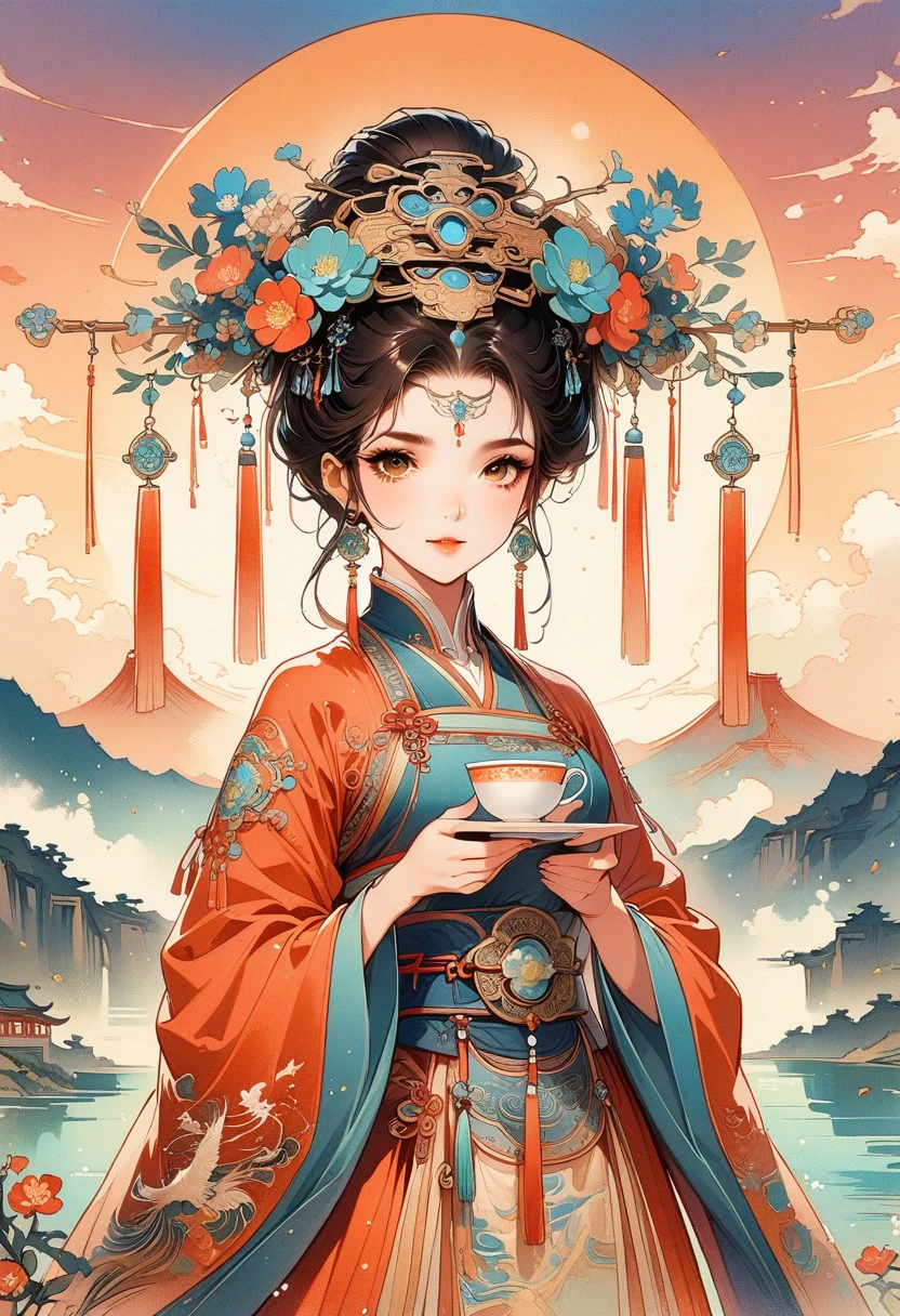 ((Best quality)) , ((Masterpiece)) , (Detailed) , (((card game illustration)))，Scribbled brushstrokes of the gloomy digital age (woman:1.3) Hold a tea , She was curious, Women have geometrically shaped noses, She wears Jellaba, Jellaba is retro-futuristic, It has vintage details on it, Exercise posture, 靠近 Chibi Christ the Redeemer, At sunset, Surprising, suns rays, Macro lens, 8K resolution. This scene embodies the tranquility and beauty of classical Chinese art, with a touch of nature，Chinese illustration，flat illustration，Marker drawing，Colored ink on paper，Vector illustration