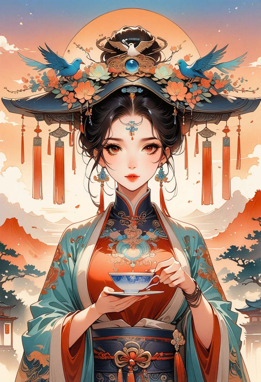 ((Best quality)) , ((Masterpiece)) , (Detailed) , (((card game illustration))),Scribbled brushstrokes of the gloomy digital age (woman:1.3) Hold a tea , She was curious, Women have geometrically shaped noses, She wears Jellaba, Jellaba is retro-futuristic, It has vintage details on it, Exercise posture, 靠近 Chibi Christ the Redeemer, At sunset, Surprising, suns rays, Macro lens, 8K resolution. This scene embodies the tranquility and beauty of classical Chinese art, with a touch of nature,Chinese illustration,flat illustration,Marker drawing,Colored ink on paper,Vector illustration