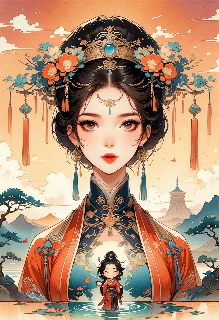 ((Best quality)) , ((Masterpiece)) , (Detailed) , (((card game illustration)))，Scribbled brushstrokes of the gloomy digital age (woman:1.3) Hold a tea , She was curious, Women have geometrically shaped noses, She wears Jellaba, Jellaba is retro-futuristic, It has vintage details on it, Exercise posture, 靠近 Chibi Christ the Redeemer, At sunset, Surprising, suns rays, Macro lens, 8K resolution. This scene embodies the tranquility and beauty of classical Chinese art, with a touch of nature，Chinese illustration，flat illustration，Marker drawing，Colored ink on paper，Vector illustration