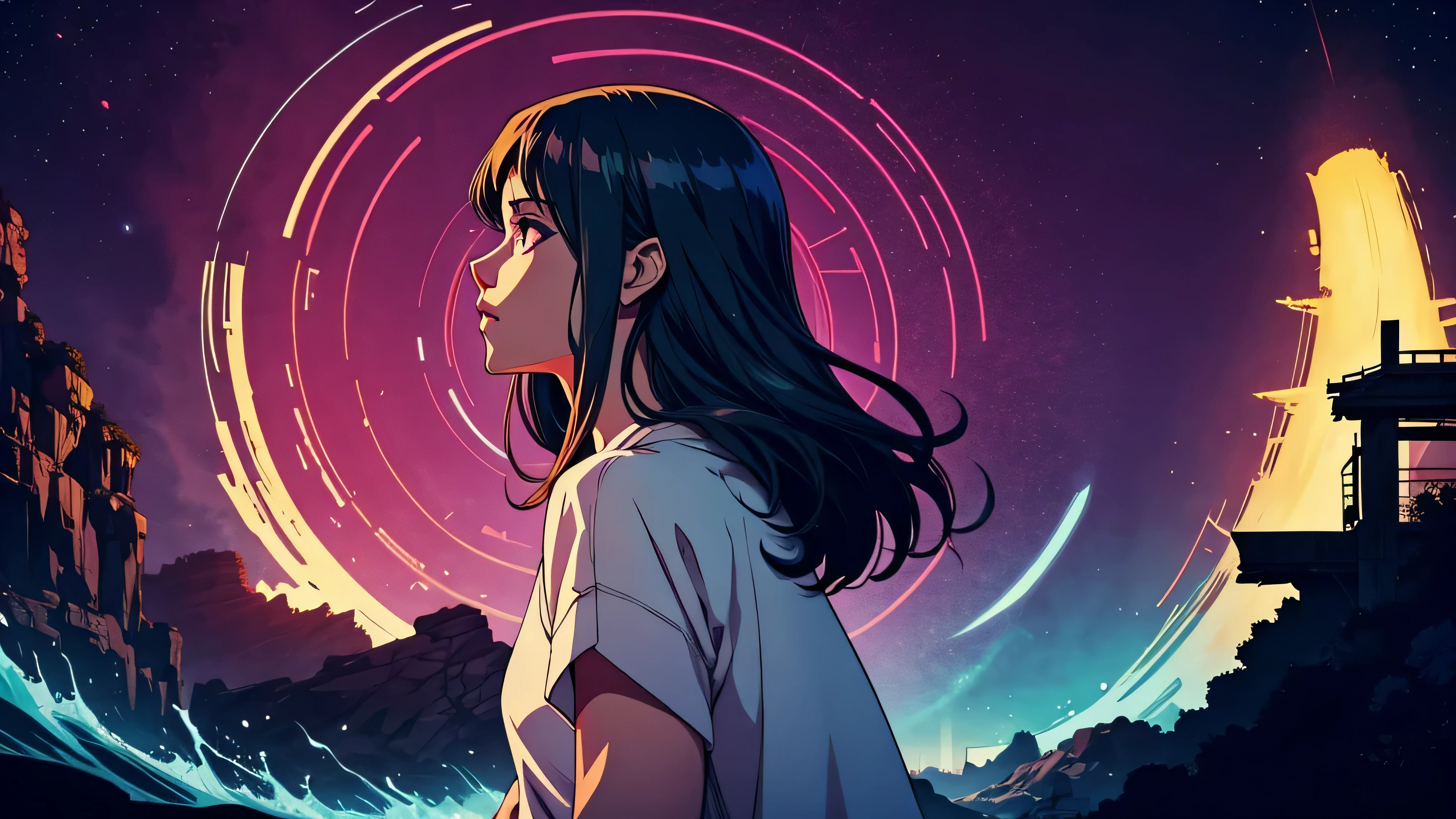 garota de anime, olhando para uma luz sagrada, jesus cristo, adorando, rezando, calmaria Capa do álbum Anime Phonk Brain Sick, musica, ondas sonoras, com cores vermelho e preto neon