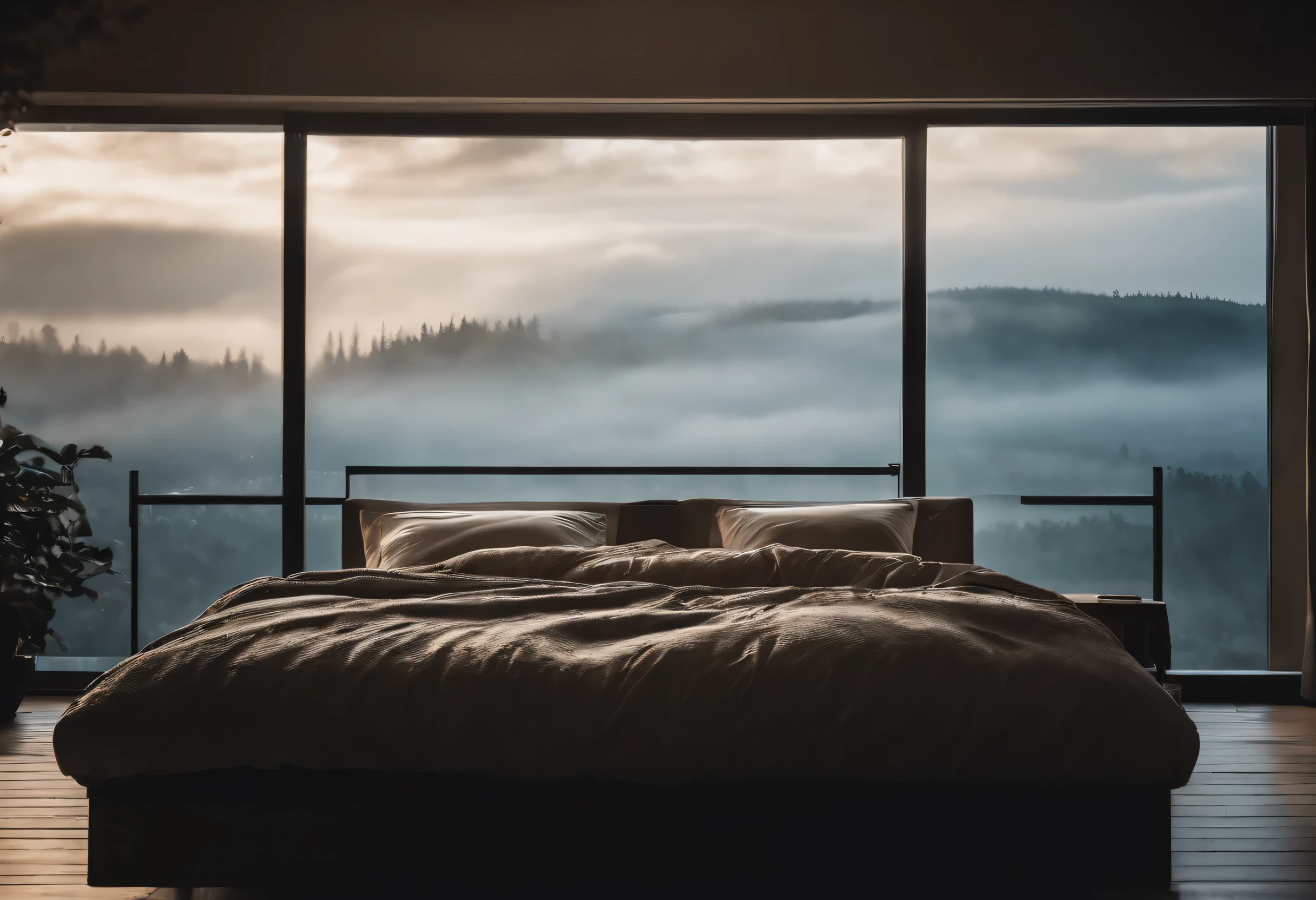 (masterpiece, best quality),Snowy bedroom,outside the window,FOG,comfortable bed..,Sea of clouds and rain,warm,