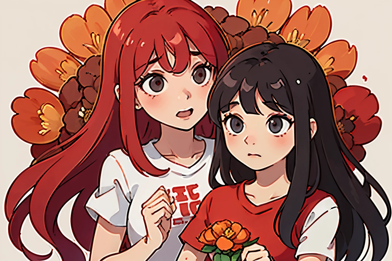 3 year old  giving flowers to mother(clothing:red t-shirt) 