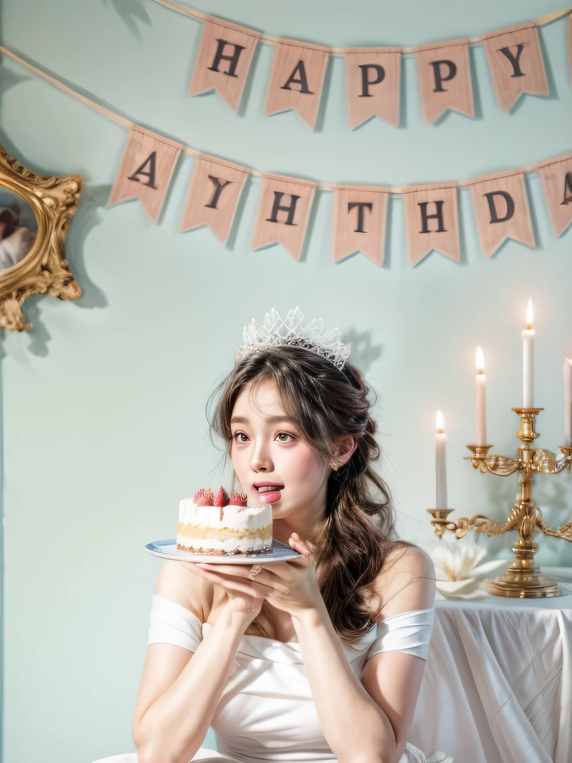 woman in white dress sitting at table，hand holding cake and candle, Have a birthday cake, happy birthday, Product introduction photo, Birthday party, Photo taken with Canon 5D, Shot with Canon EOA 6D Mark II, eat cake, Product photography, Photographed with Sigma f / 4. 2, Photographed with Sigma f/ 4.2, cake in hand