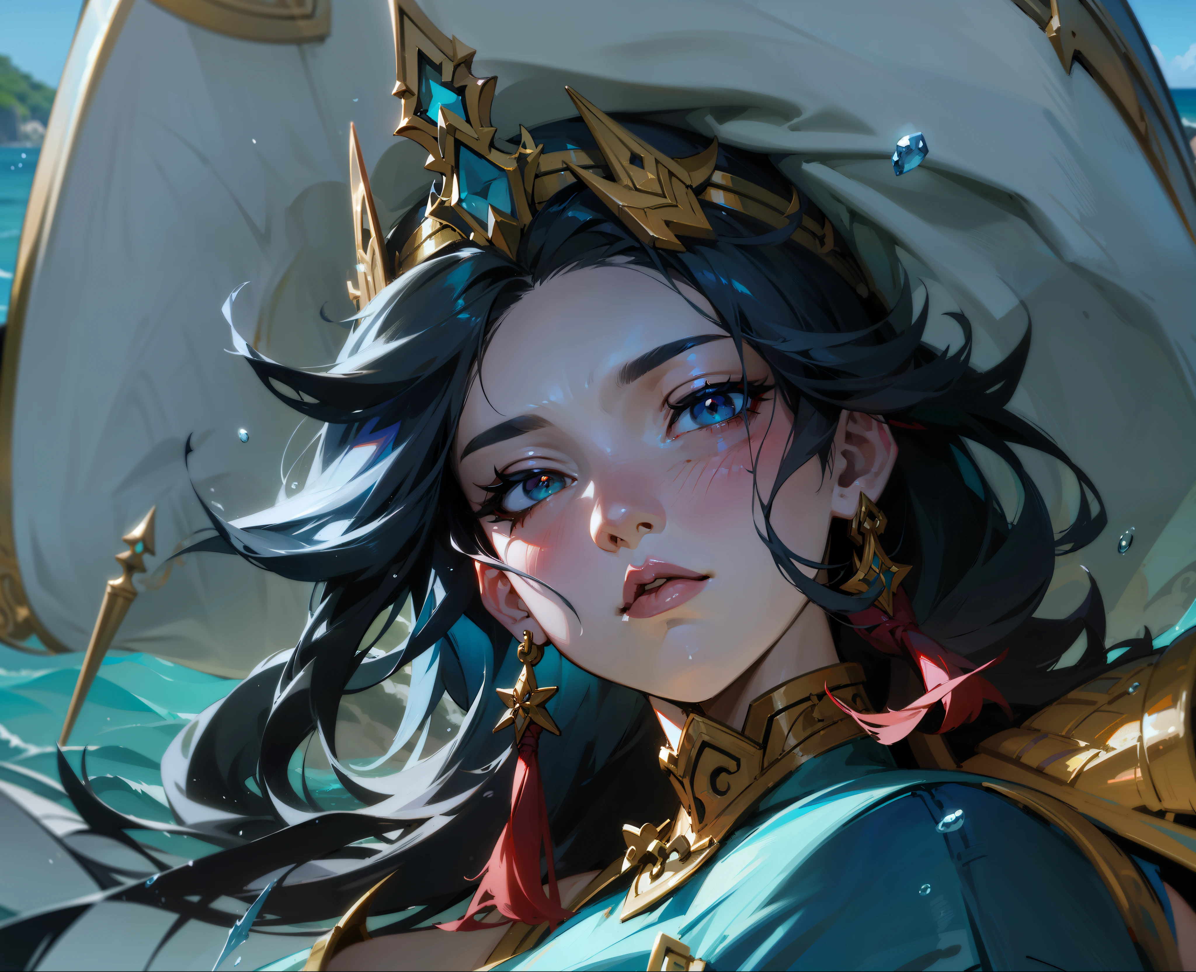 A group of anime characters holding swords, Queen of the Sea Mu Yanling, One Piece, character splash art, League of Legends style, League of Legends art style, wild rift, Legends of Runeterra, mobile legends, g liulian art style, Official splash art,In the sea,huge waves,Behind the boat,Heavy rain day,On the sea,clear structure,Exquisite facial features,captain,Caribbean