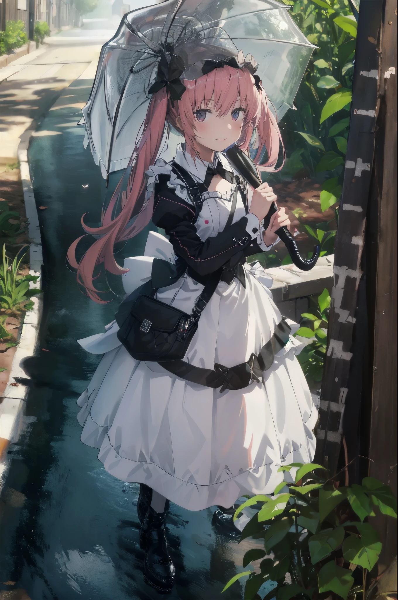 1 girl, alone, cocoa \(nod\), pink hair, black umbrella, looking at the viewer, smile, top-quality,Top image quality,perfect anatomy,masterpiece,ultra-detailliert,Beautiful,ultra-quality, best quality,high resolution, ultra-detailed,game cg,dutch angle ,beautiful detailed eyes,visualart,five fingers, perfect hands,