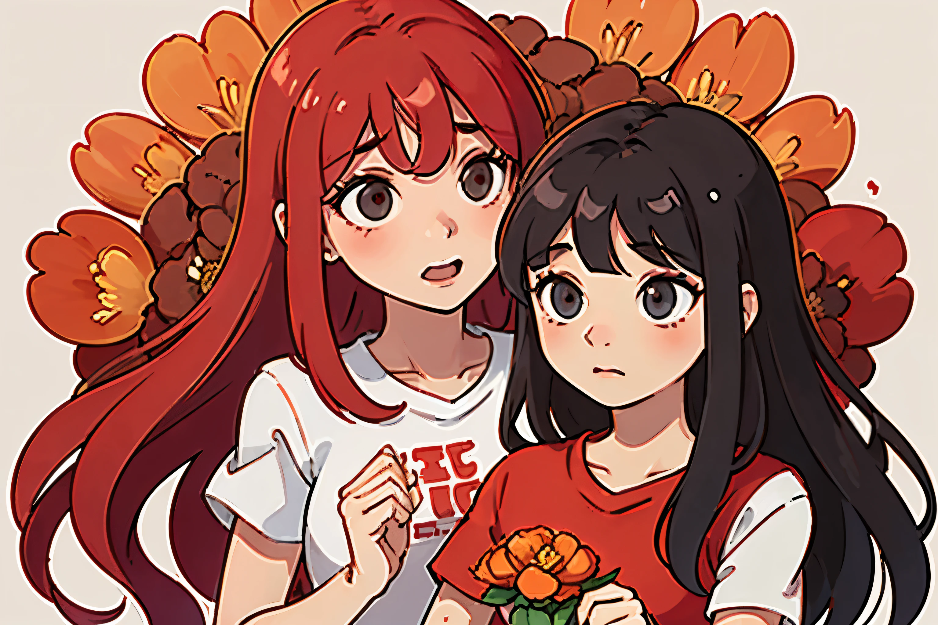 3 year old  giving flowers to mother(clothing:red t-shirt) 