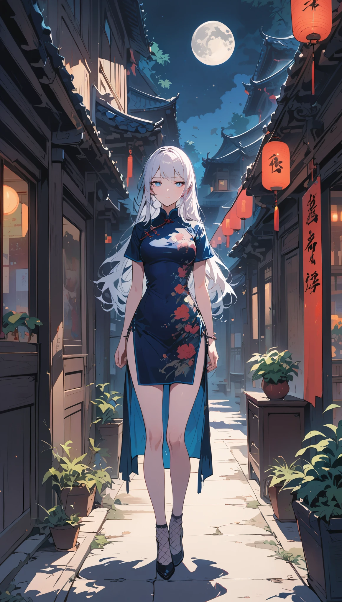Movie poster: Night, Full Moon, 1 Adult Woman, Chinese Architecture, Qipao, Chinese Costume, expressionless face, silver white long hair, light pink lips, fishing net socks, calm, triple bangs, blue pupils, street view, facial details