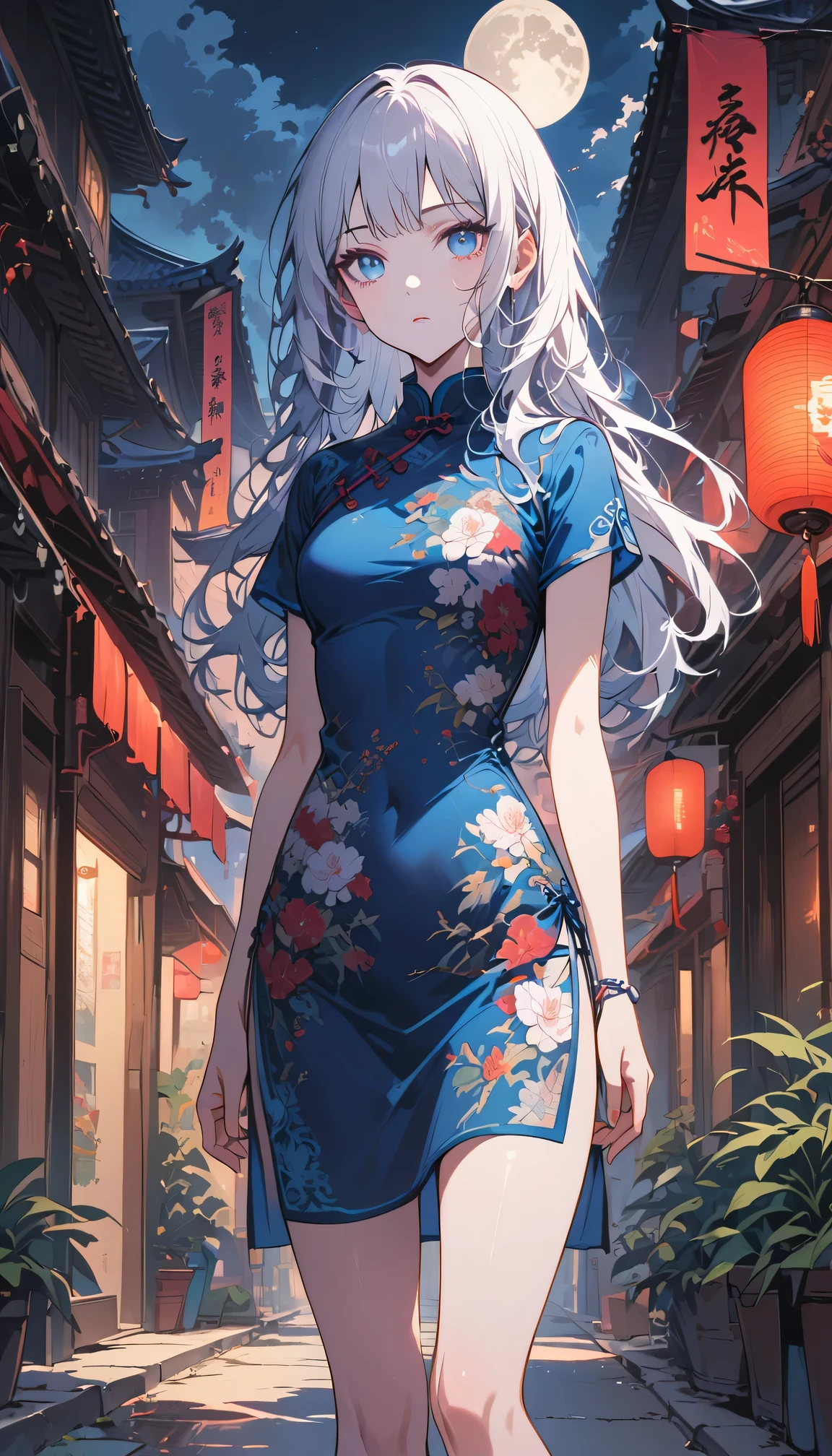 Movie poster: Night, Full Moon, 1 Adult Woman, Chinese Architecture, Qipao, Chinese Costume, expressionless face, silver white long hair, light pink lips, fishing net socks, calm, triple bangs, blue pupils, street view, facial details