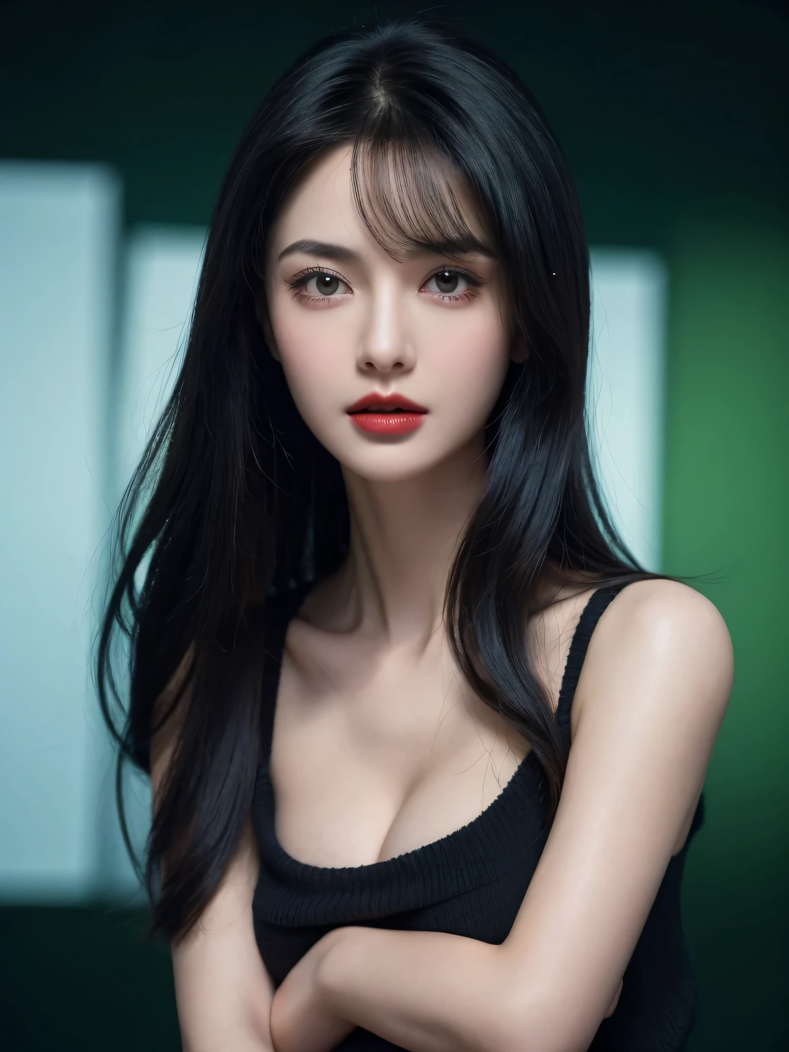 (lifelike,high resolution:1.3), A slim girl, The face shape and eyes are super delicate,black hair,red glossy lips,(beautiful face), (best quality), (Super detailed), (Extremely detailed CG unified 8k wallpaper),((Black Sweater)),(Screen green background),(cleavage),(Model photo),sexy look,big eyes,(standing),(air bangs),(Slim waistline)