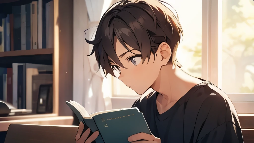 18 year old high school student、boy、brown hair、short hair、fine、Reading the instructions、From the side