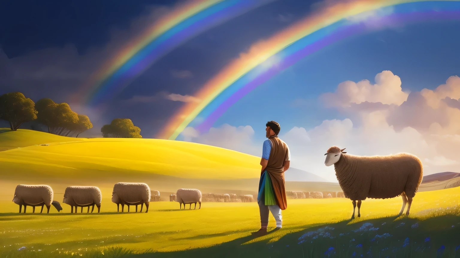 1 名man, man,man,painter,artist,Beautiful and delicate brown shiny short hair, indian clothing, The background is on a meadow with sheep, blue sky,rainbow, cloud, emit diffuse light, cool breeze, detail, masterpiece, high quality
